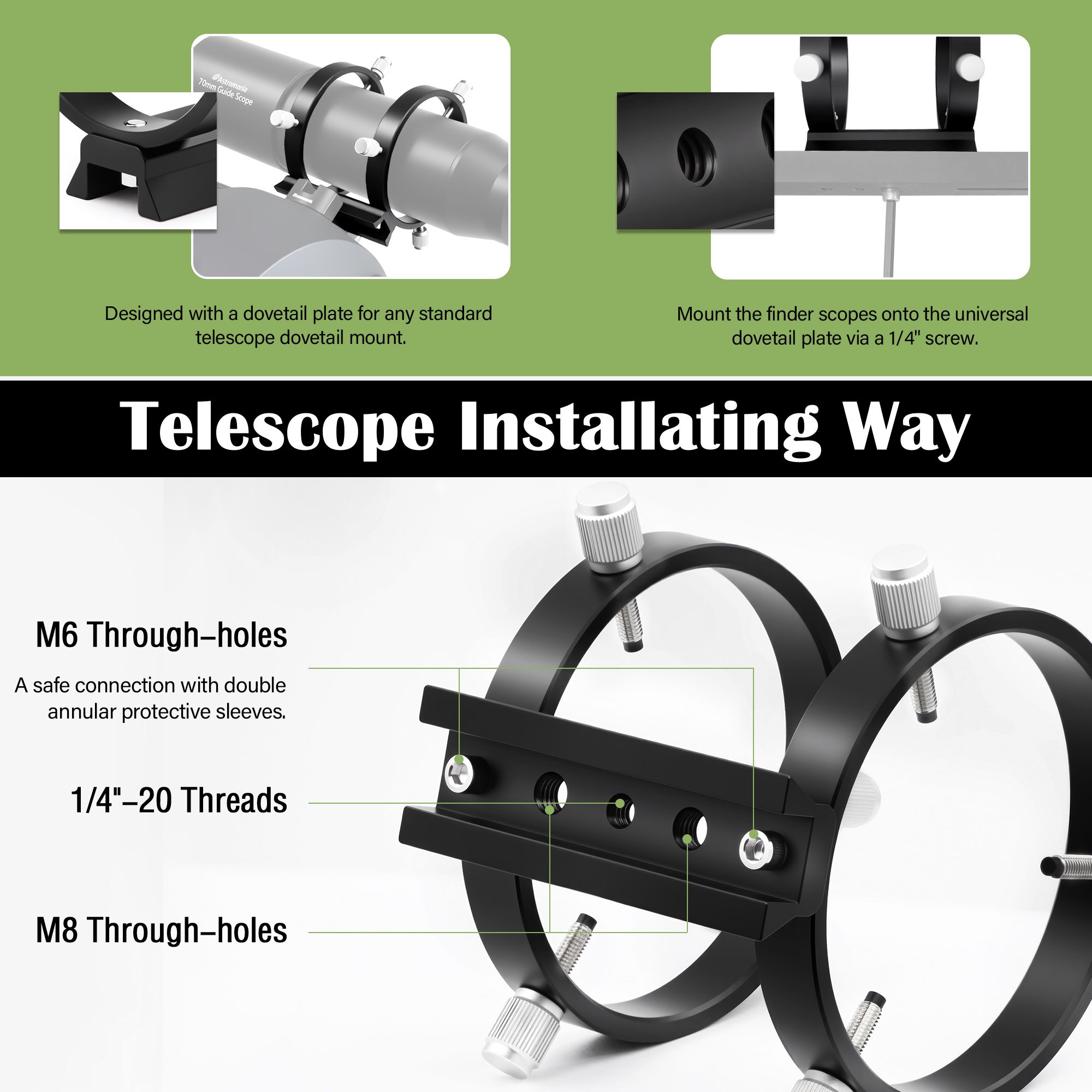 Astromania Adjustable Guiding Scope Ring Set with Plate - 90 mm inside diameter (pair) - for telescope tube diameter or finders 63 to 89mm