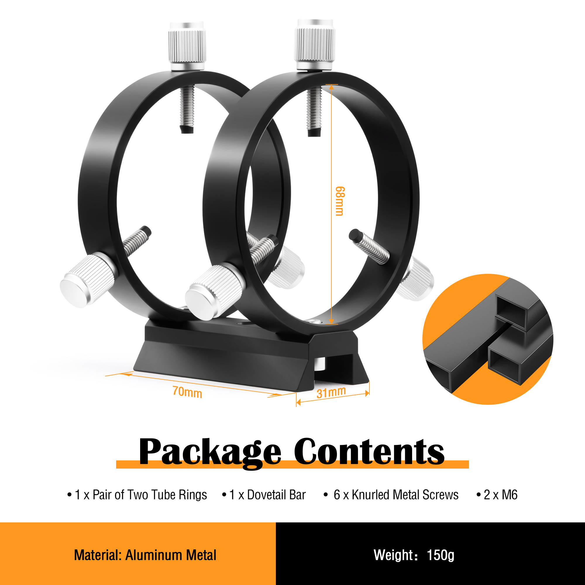 Astromania Adjustable Guiding Scope Ring Set with Plate - 69 mm inside diameter (pair) - for telescope tube diameter or finders 43 to 68mm