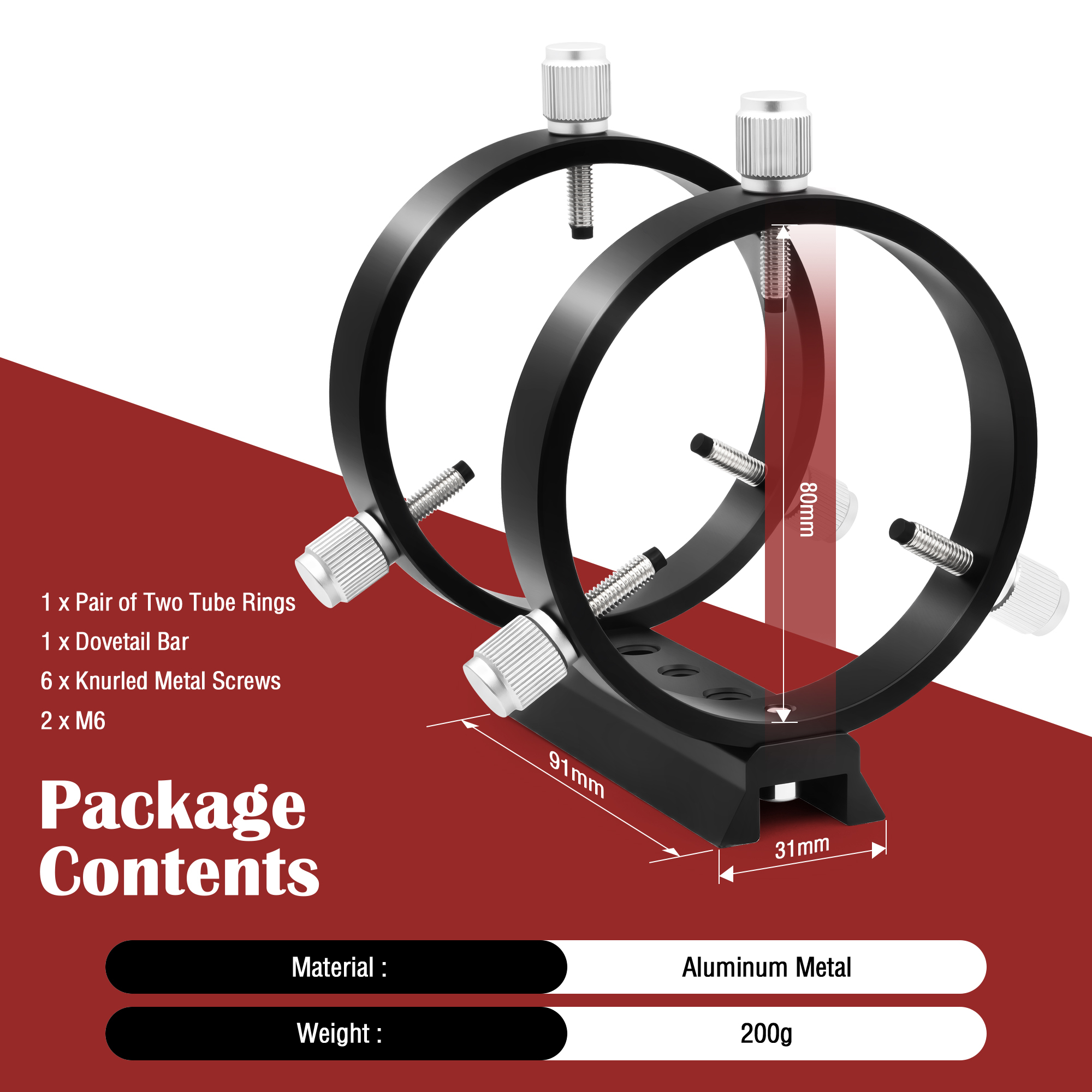 Astromania Adjustable Guiding Scope Ring Set with Plate - 80 mm inside diameter (pair) - for telescope tube diameter or finders 53 to 79mm
