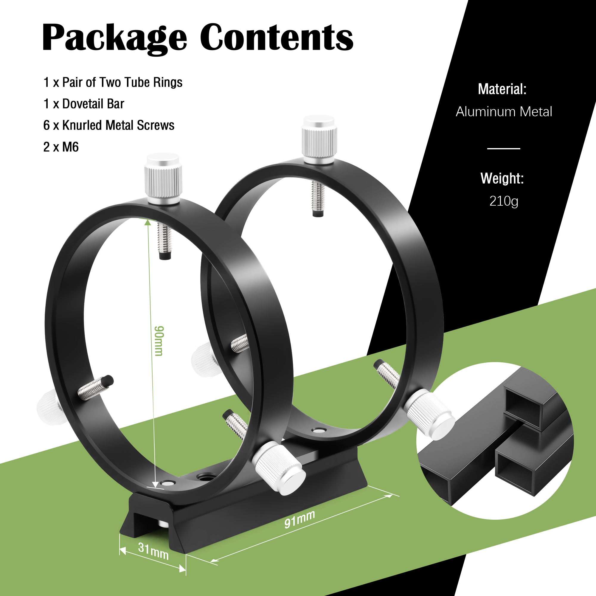 Astromania Adjustable Guiding Scope Ring Set with Plate - 90 mm inside diameter (pair) - for telescope tube diameter or finders 63 to 89mm