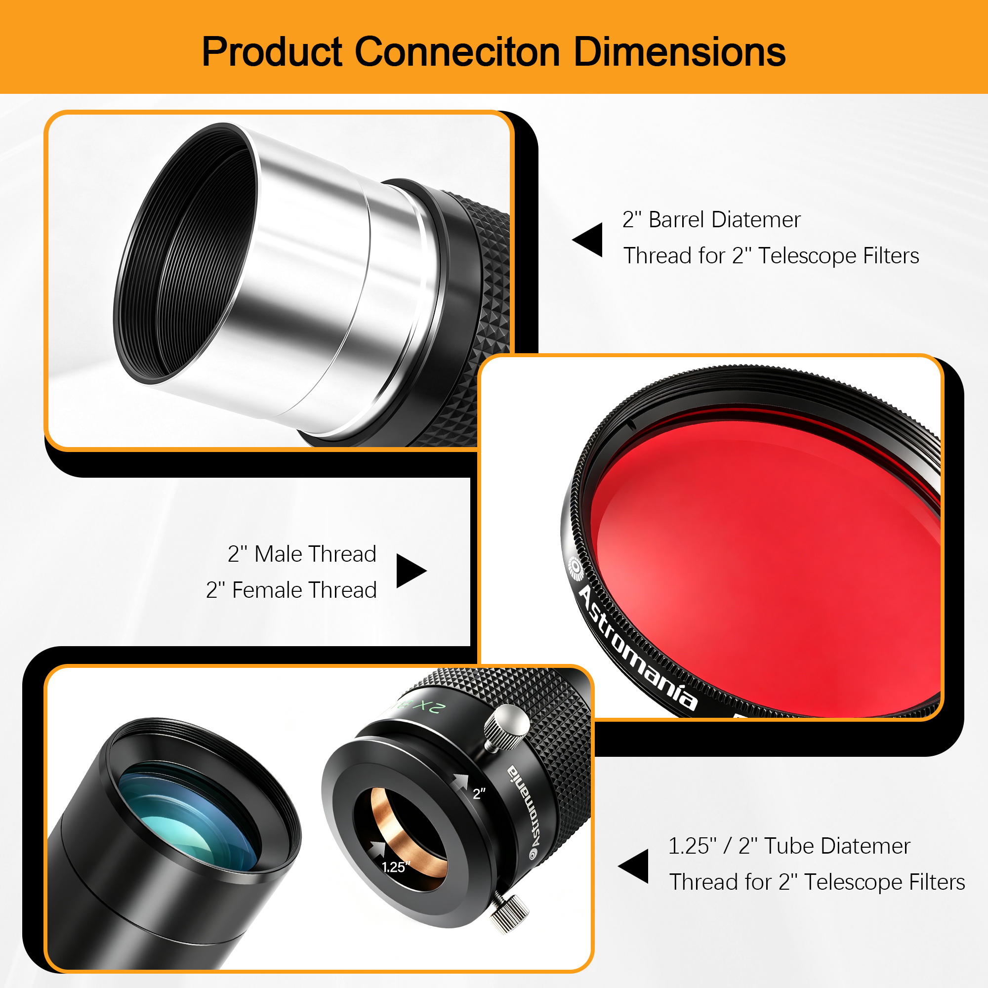 Astromania 2" Telescope Eyepiece and Filter Accessory Kit Deluxe Version - with 3pcs Kellner Eyepieces Set, 5pcs Colored Filter Set, ED 2x Barlow Lens, 2" SCT 90° Mirror Diagonal and Sturdy Carry Case