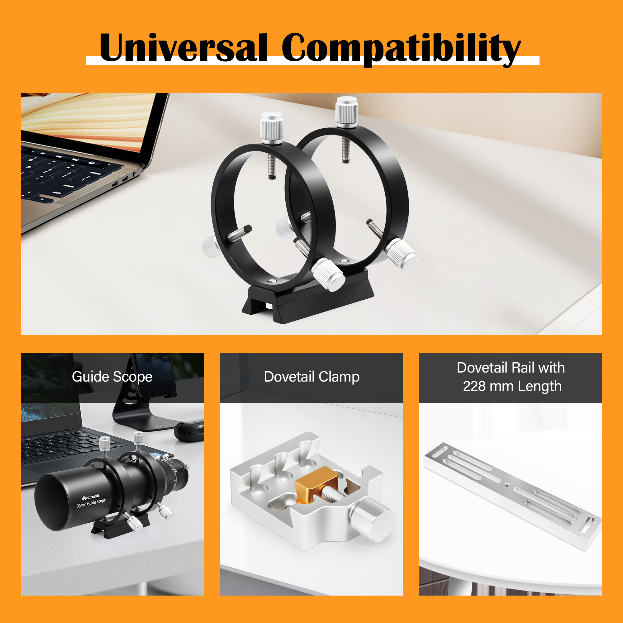 Astromania Adjustable Guiding Scope Ring Set with Plate - 69 mm inside diameter (pair) - for telescope tube diameter or finders 43 to 68mm
