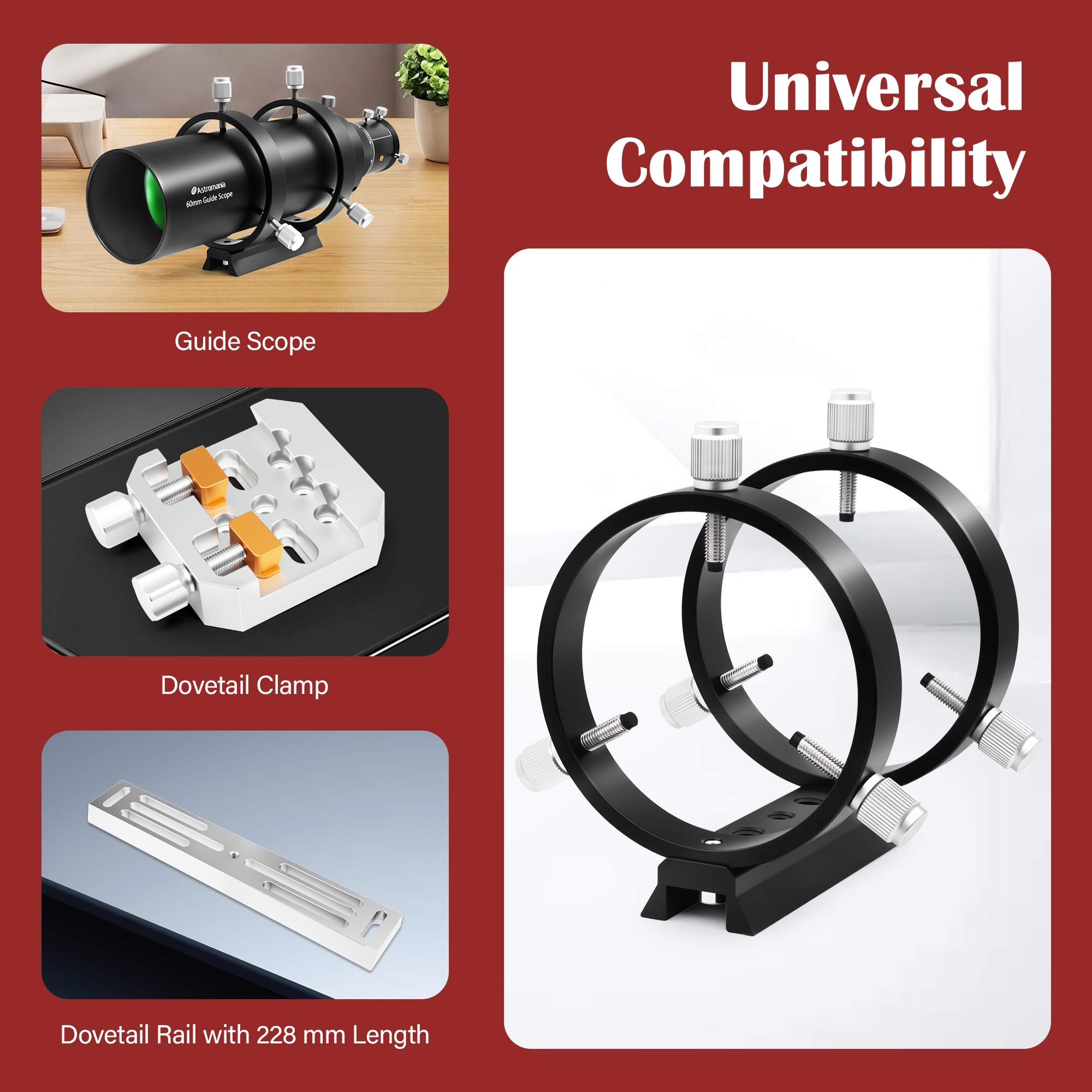 Astromania Adjustable Guiding Scope Ring Set with Plate - 80 mm inside diameter (pair) - for telescope tube diameter or finders 53 to 79mm