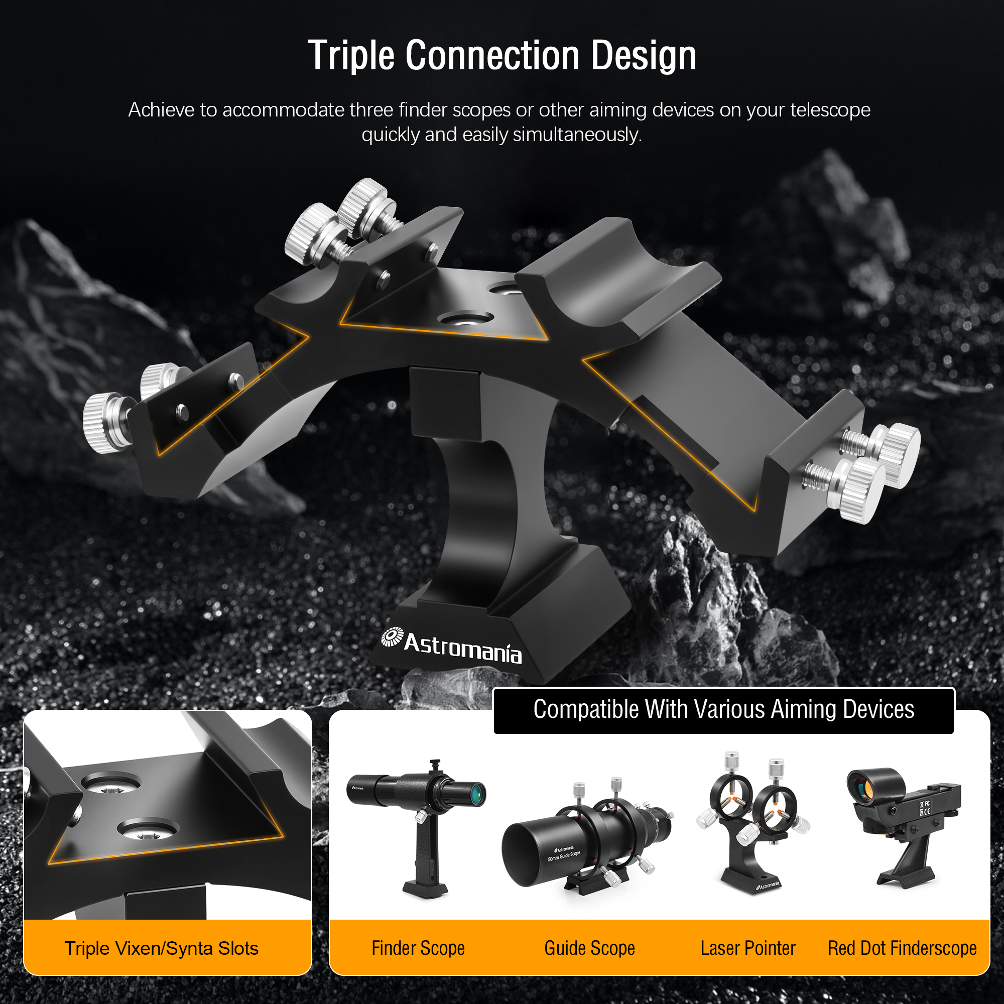 Astromania Finder Scope Mount Tri-Finder, Finderscope Mount Bracket with Triple Red Dot Finder Mount - Adjustable Aluminum Telescope Finder Bracket Installation of Red Dot Finderscope for Telescope