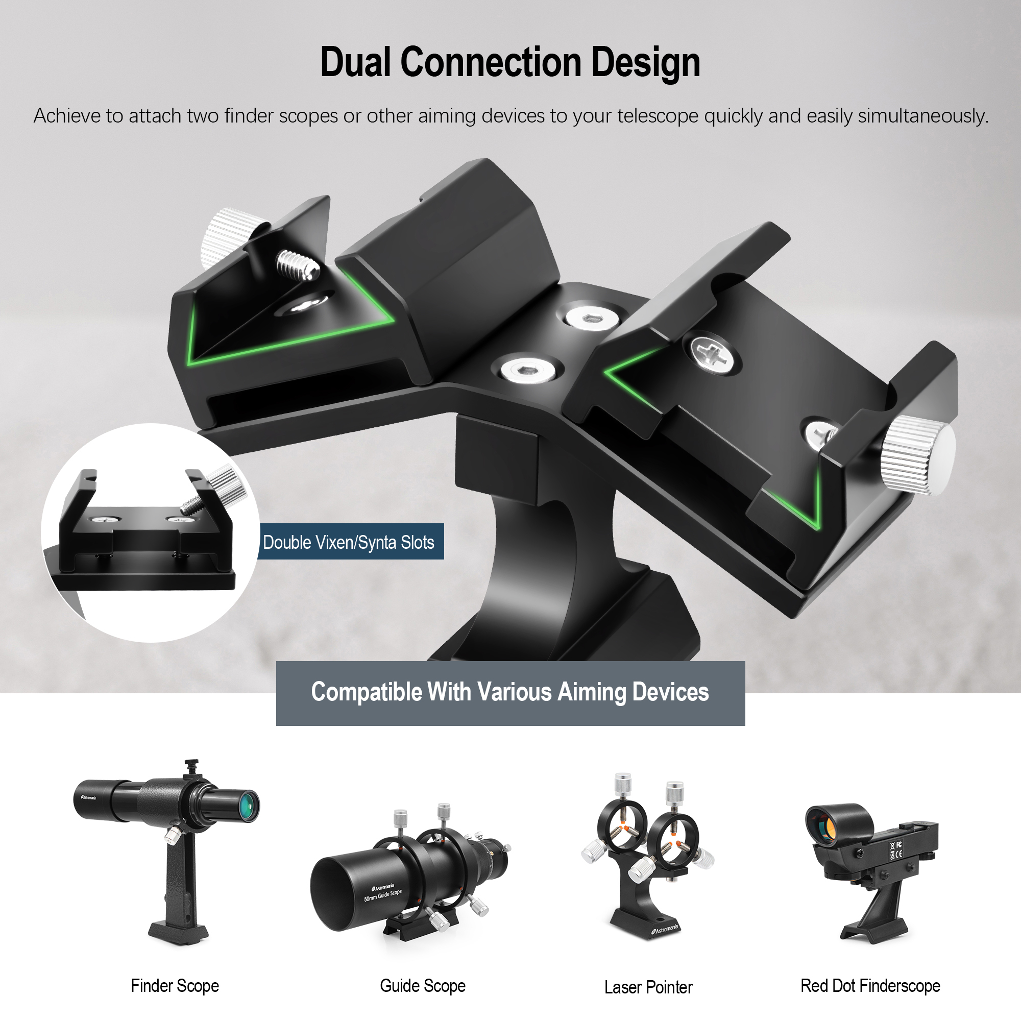 Astromania Dual Finder Scope Mount, Finderscope Mount Bracket with Double Finder Mount Bracket - Adjustable Metal Aluminum Telescope Finder Bracket Installation of Red Dot Finderscope for Telescope