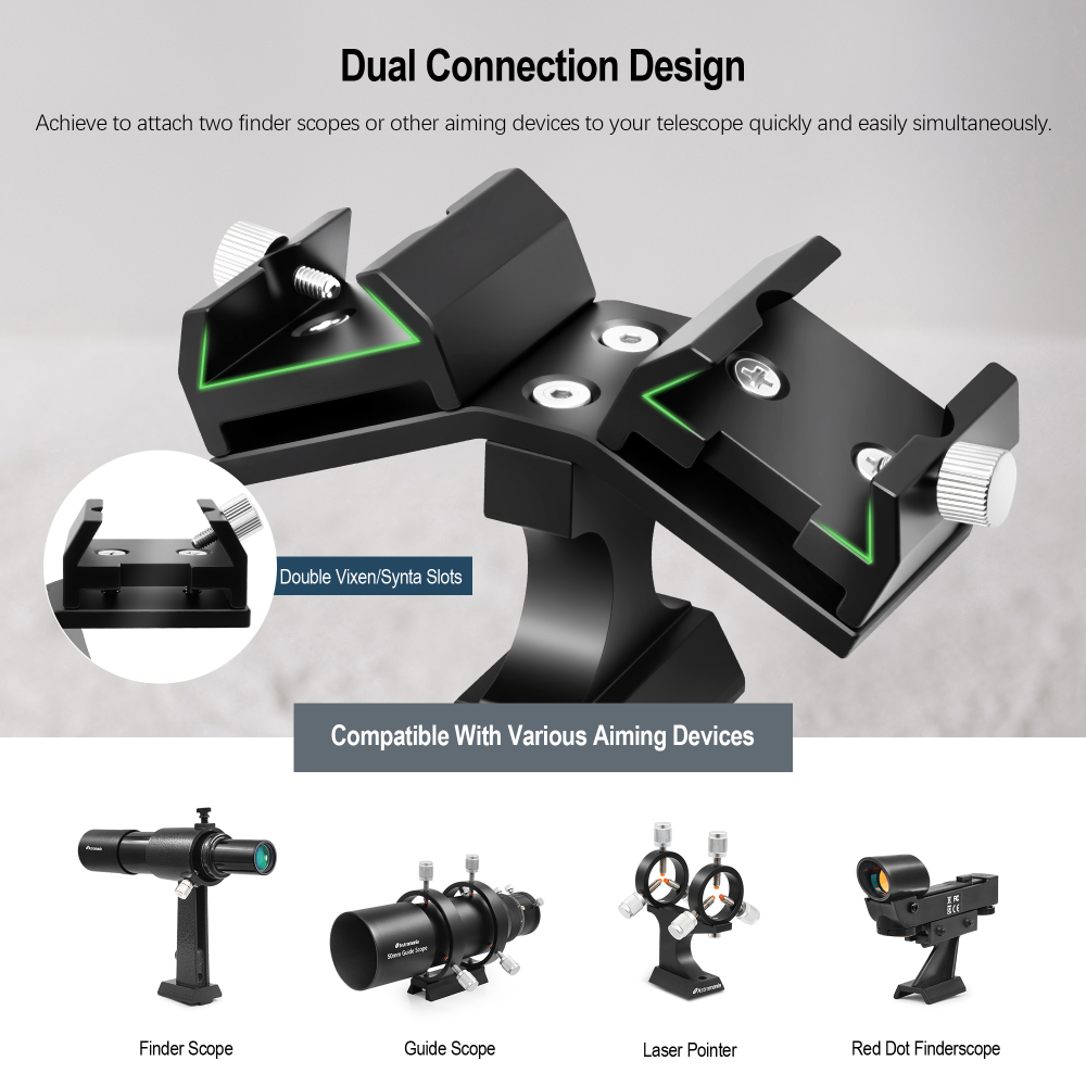 Astromania Dual Finder Scope Mount, Finderscope Mount Bracket with Double Finder Mount Bracket - Adjustable Metal Aluminum Telescope Finder Bracket Installation of Red Dot Finderscope for Telescope