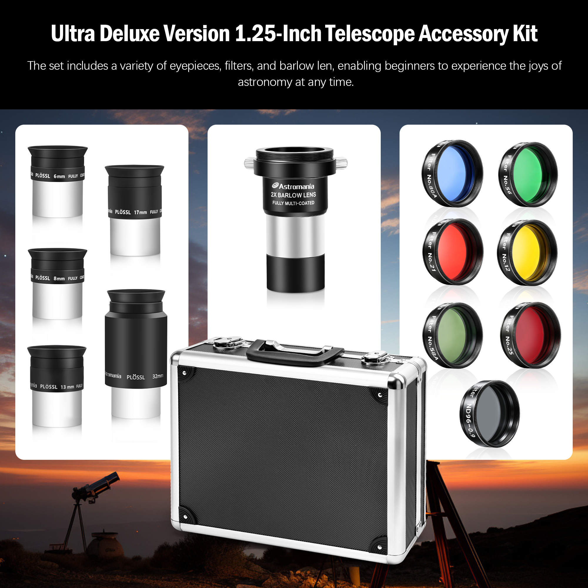 Astromania 1.25" Telescope Eyepiece and Filter Accessory Kit Deluxe Version - with 5pcs Plossl Eyepieces Set, 6pcs Colored Filter Set, Moon Filter, 2X Barlow Lens and Sturdy Carry Case