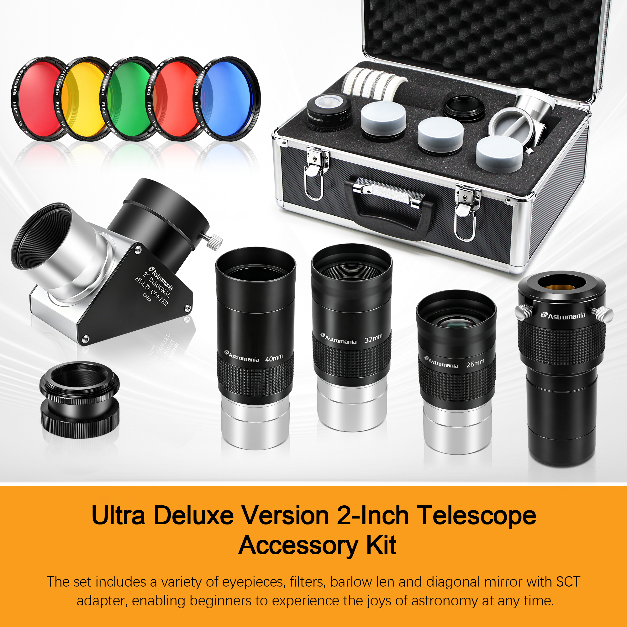 Astromania 2" Telescope Eyepiece and Filter Accessory Kit Deluxe Version - with 3pcs Kellner Eyepieces Set, 5pcs Colored Filter Set, ED 2x Barlow Lens, 2" SCT 90° Mirror Diagonal and Sturdy Carry Case
