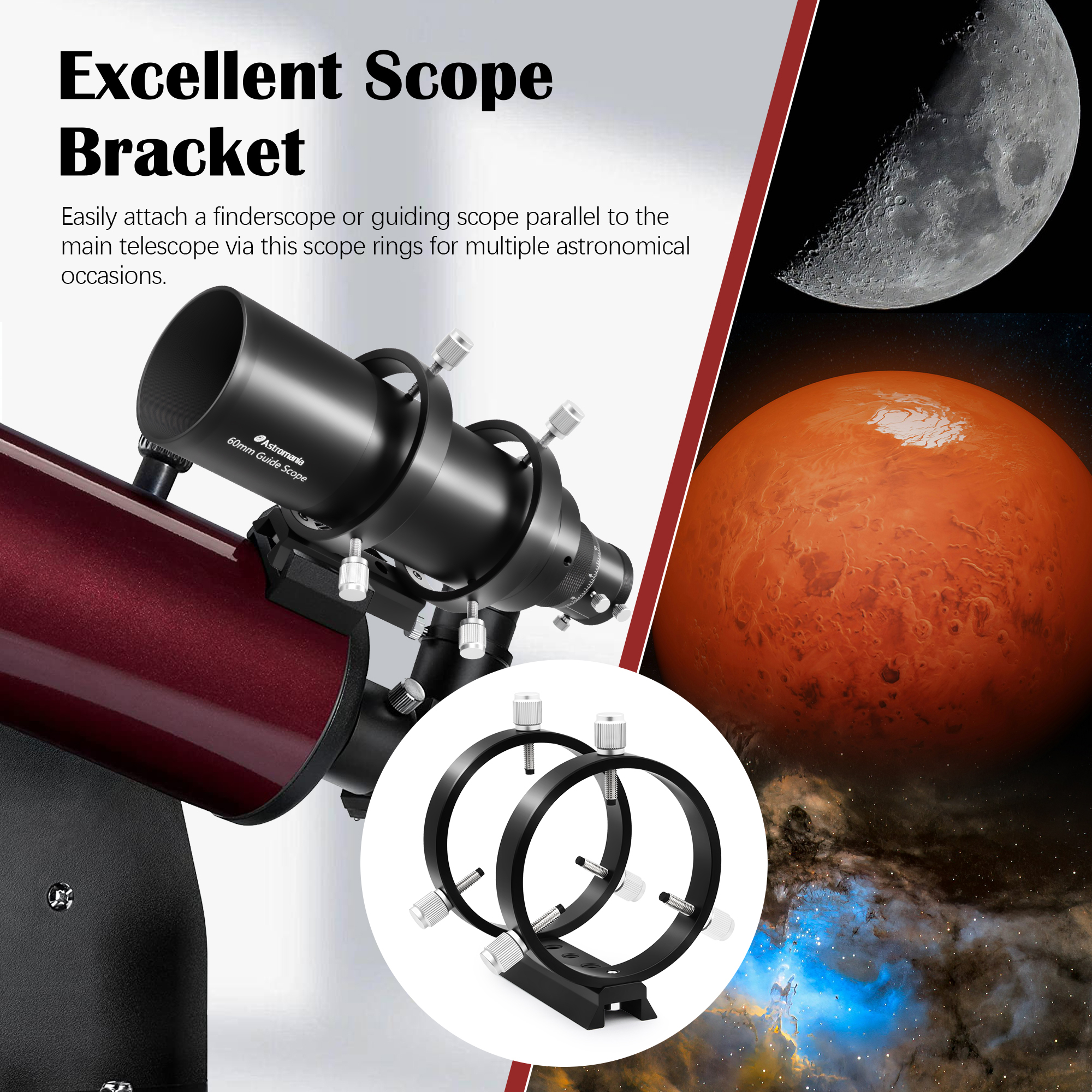 Astromania Adjustable Guiding Scope Ring Set with Plate - 80 mm inside diameter (pair) - for telescope tube diameter or finders 53 to 79mm