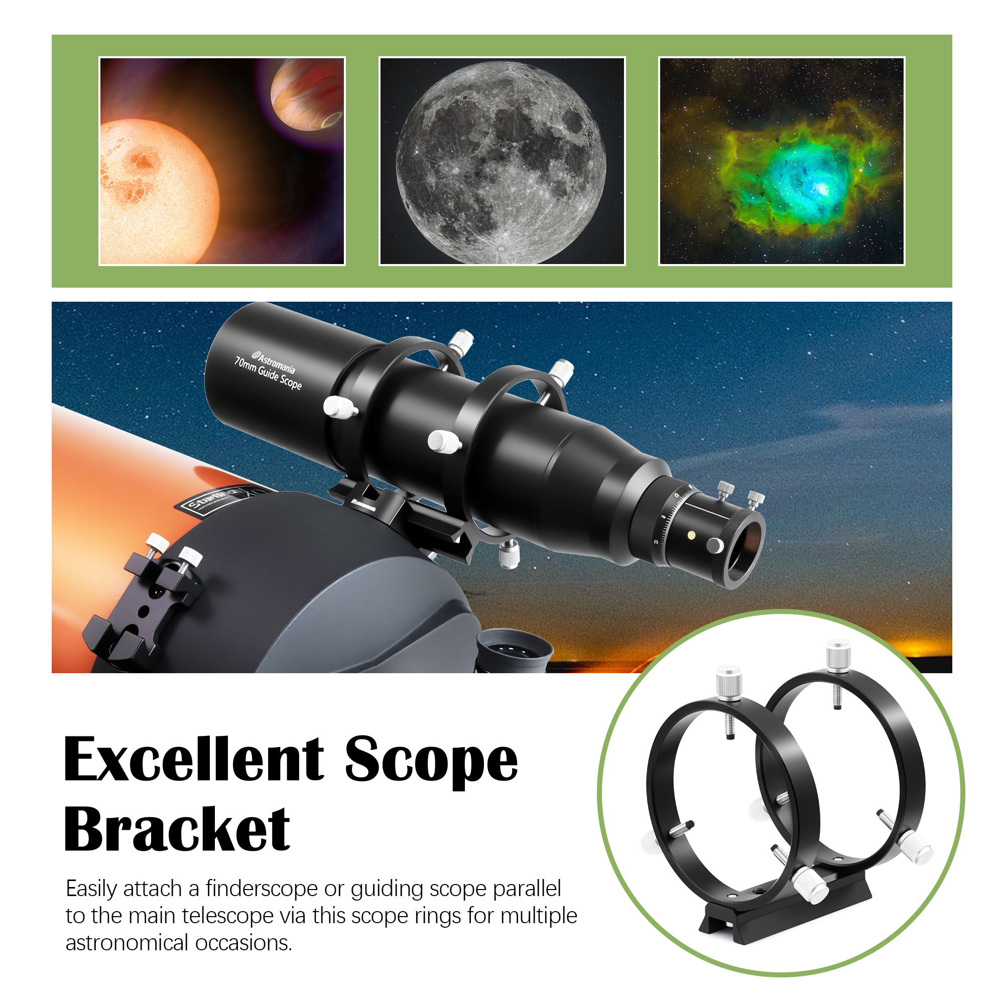 Astromania Adjustable Guiding Scope Ring Set with Plate - 90 mm inside diameter (pair) - for telescope tube diameter or finders 63 to 89mm