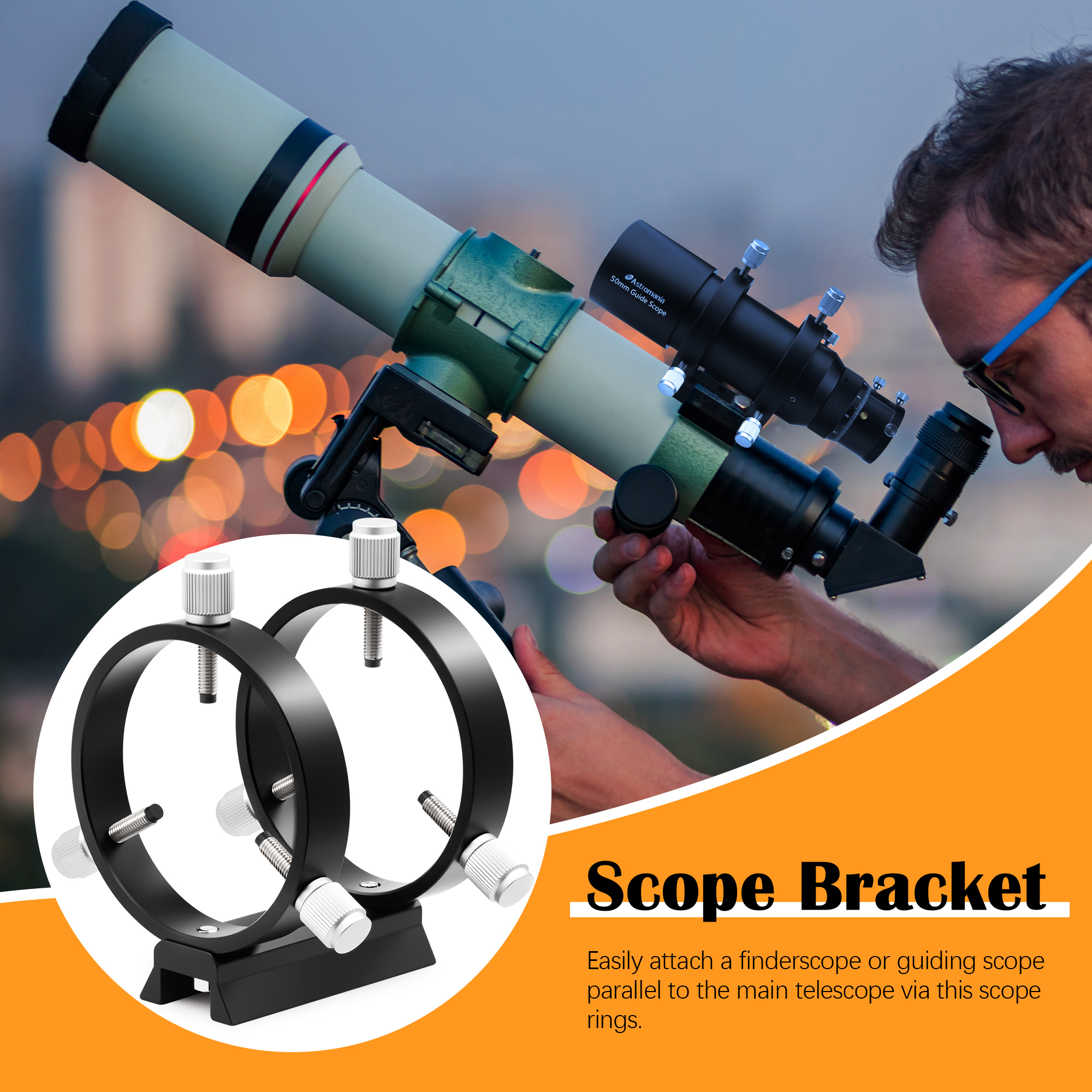 Astromania Adjustable Guiding Scope Ring Set with Plate - 69 mm inside diameter (pair) - for telescope tube diameter or finders 43 to 68mm
