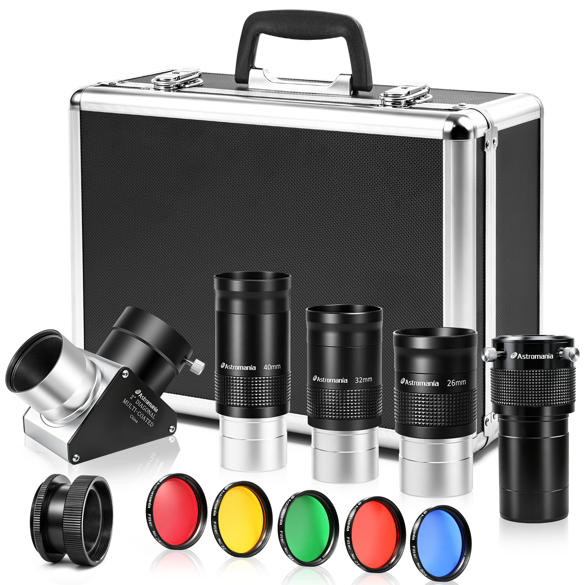 Astromania 2" Telescope Eyepiece and Filter Accessory Kit Deluxe Version - with 3pcs Kellner Eyepieces Set, 5pcs Colored Filter Set, ED 2x Barlow Lens, 2" SCT 90° Mirror Diagonal and Sturdy Carry Case