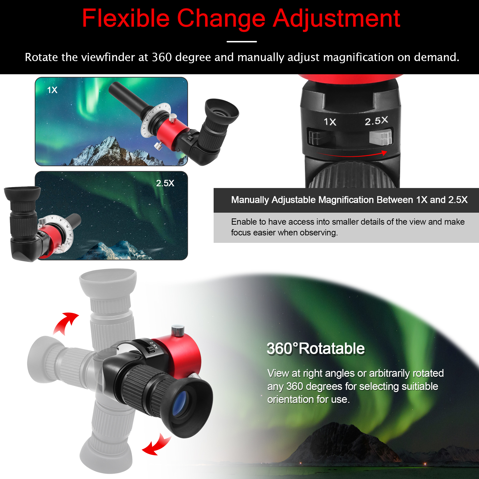 Astromania Right Angle Viewfinder with Camera 1X/2.5X Magnification Included 6 Mounting Adapters with Polar Scope Metal Adapter, Excellent Combination for Observing More Natural Beauty