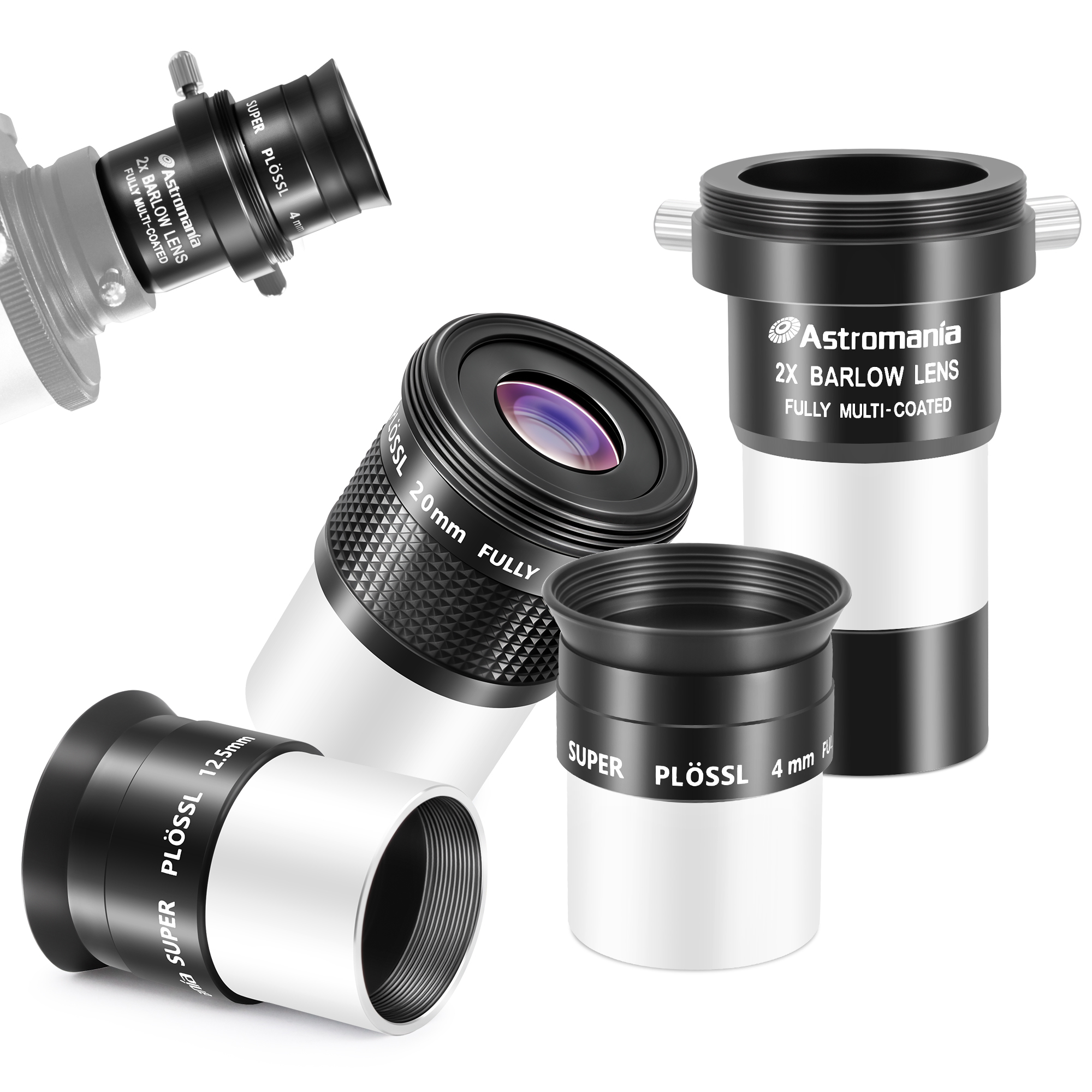 Astromania Telescope Accessory Kit with 1.25 Inch Telescope Eyepiece Set 4mm 12.5mm 20mm 52 Degree Super Plossl Eyepiece Lens and 1.25 Inch 2X Barlow Lens with T Thread Fully Multi Coated Metal