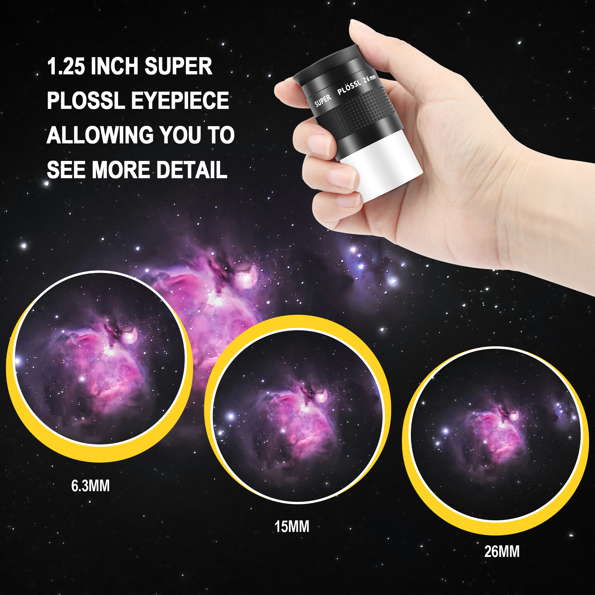 Astromania Telescope Eyepiece Set 1.25 Inch Super Plossl Eyepiece Set 6.3mm 15mm 26mm, 5 Element Fully Multi Coated Metal 52 Degree Apparent Field, Telescope Accessory Set for Astronomy Telescope