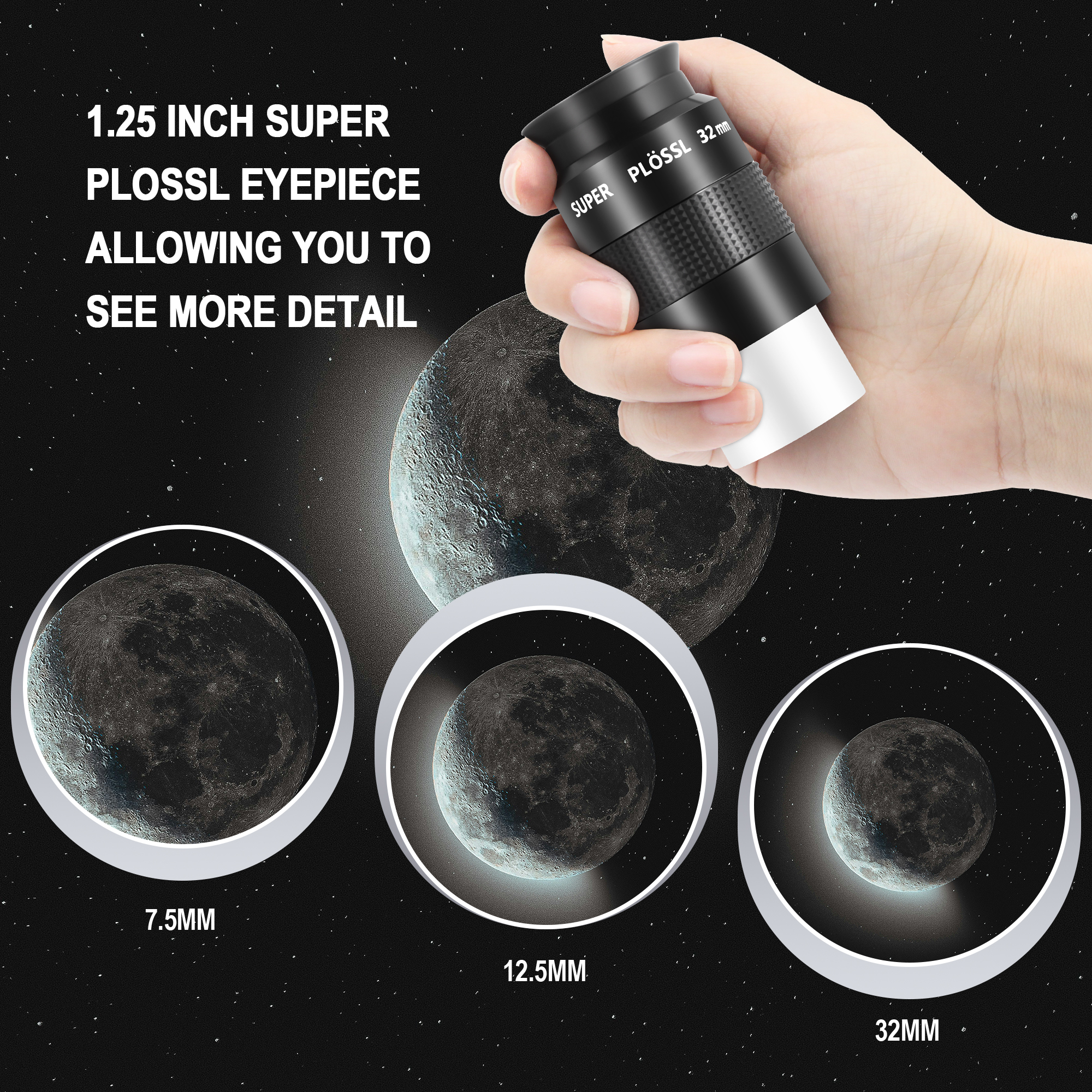 Astromania Telescope Eyepiece Set 1.25 Inch Super Plossl Eyepiece Set 7.5mm 12.5mm 32mm, 5 Element Fully Multi Coated Metal 52 Degree Apparent Field, Telescope Accessory Set for Astronomy Telescope
