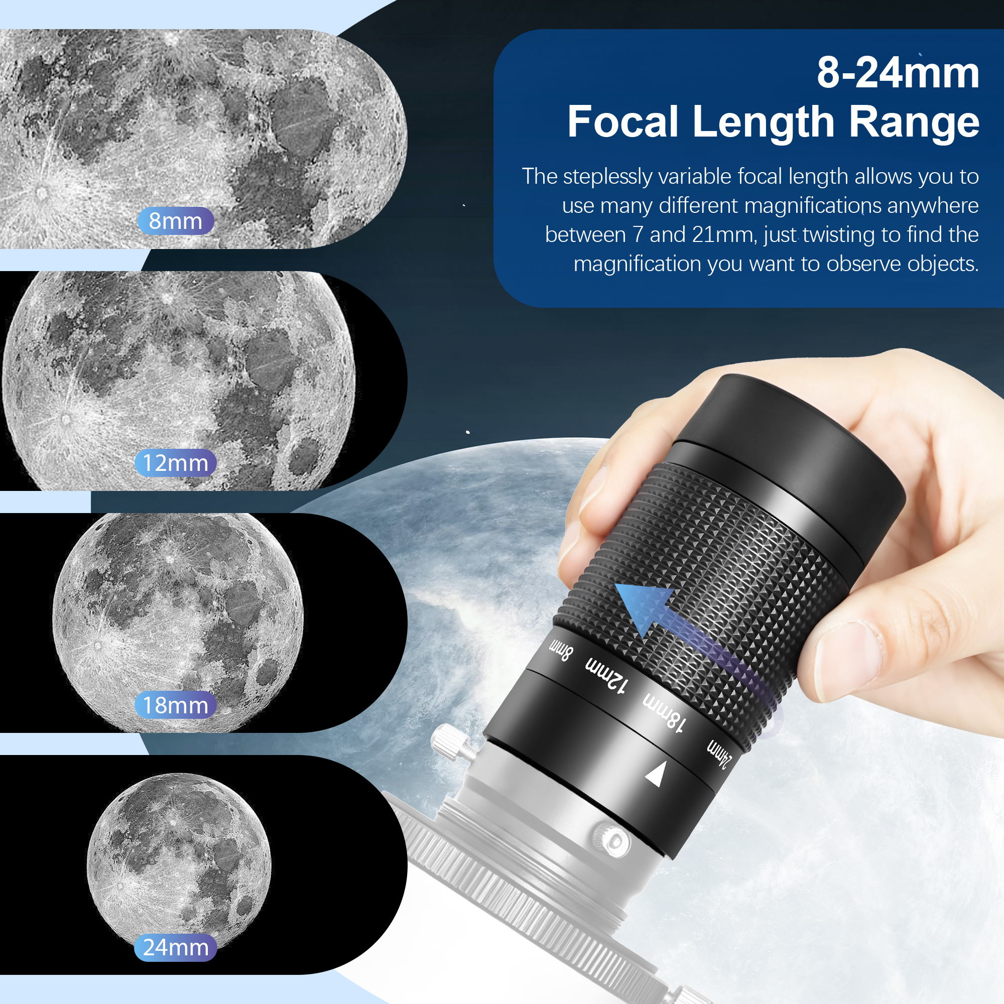 Astromania Zoom Eyepiece for Telescope, 8-24mm Wide Field Zoom Eyepiece Variable Power Design with T Thread for Telescope Photography Compatible with Telescope That Accept Telescope Eyepiece 1.25 Inch