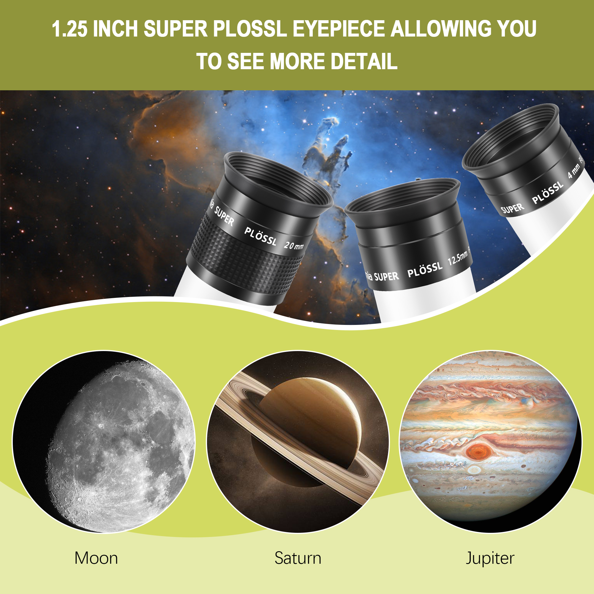 Astromania Telescope Accessory Kit with 1.25 Inch Telescope Eyepiece Set 4mm 12.5mm 20mm 52 Degree Super Plossl Eyepiece Lens and 1.25 Inch 2X Barlow Lens with T Thread Fully Multi Coated Metal