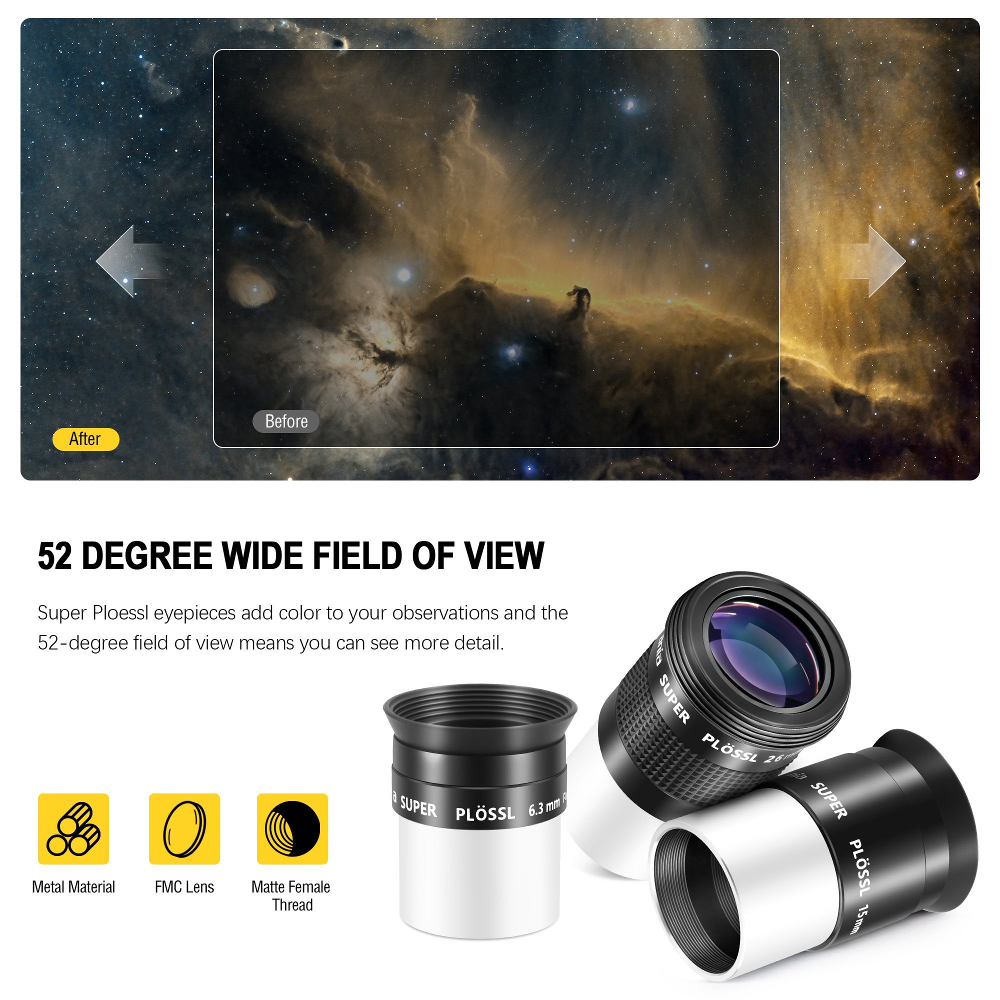 Astromania Telescope Eyepiece Set 1.25 Inch Super Plossl Eyepiece Set 6.3mm 15mm 26mm, 5 Element Fully Multi Coated Metal 52 Degree Apparent Field, Telescope Accessory Set for Astronomy Telescope