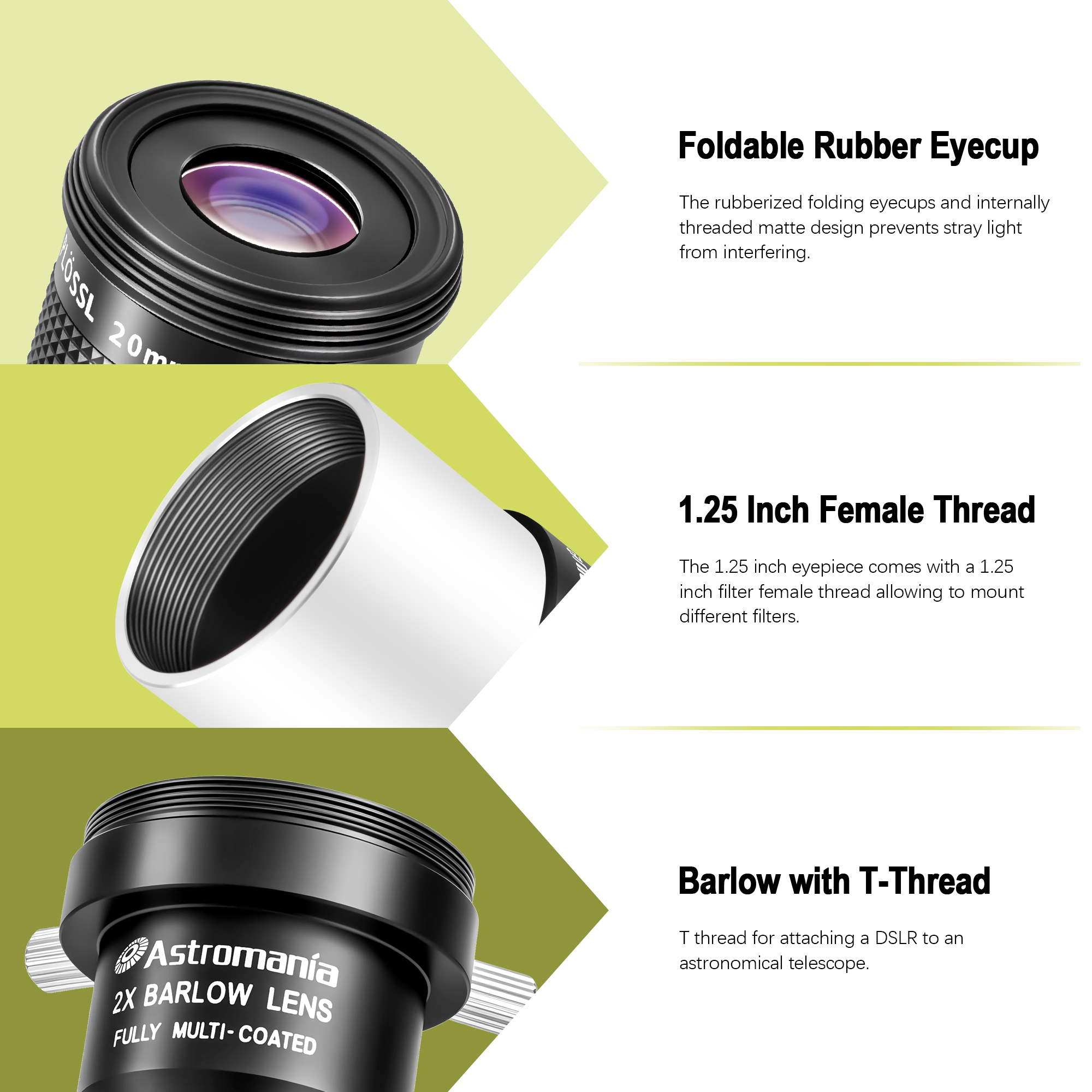 Astromania Telescope Accessory Kit with 1.25 Inch Telescope Eyepiece Set 4mm 12.5mm 20mm 52 Degree Super Plossl Eyepiece Lens and 1.25 Inch 2X Barlow Lens with T Thread Fully Multi Coated Metal