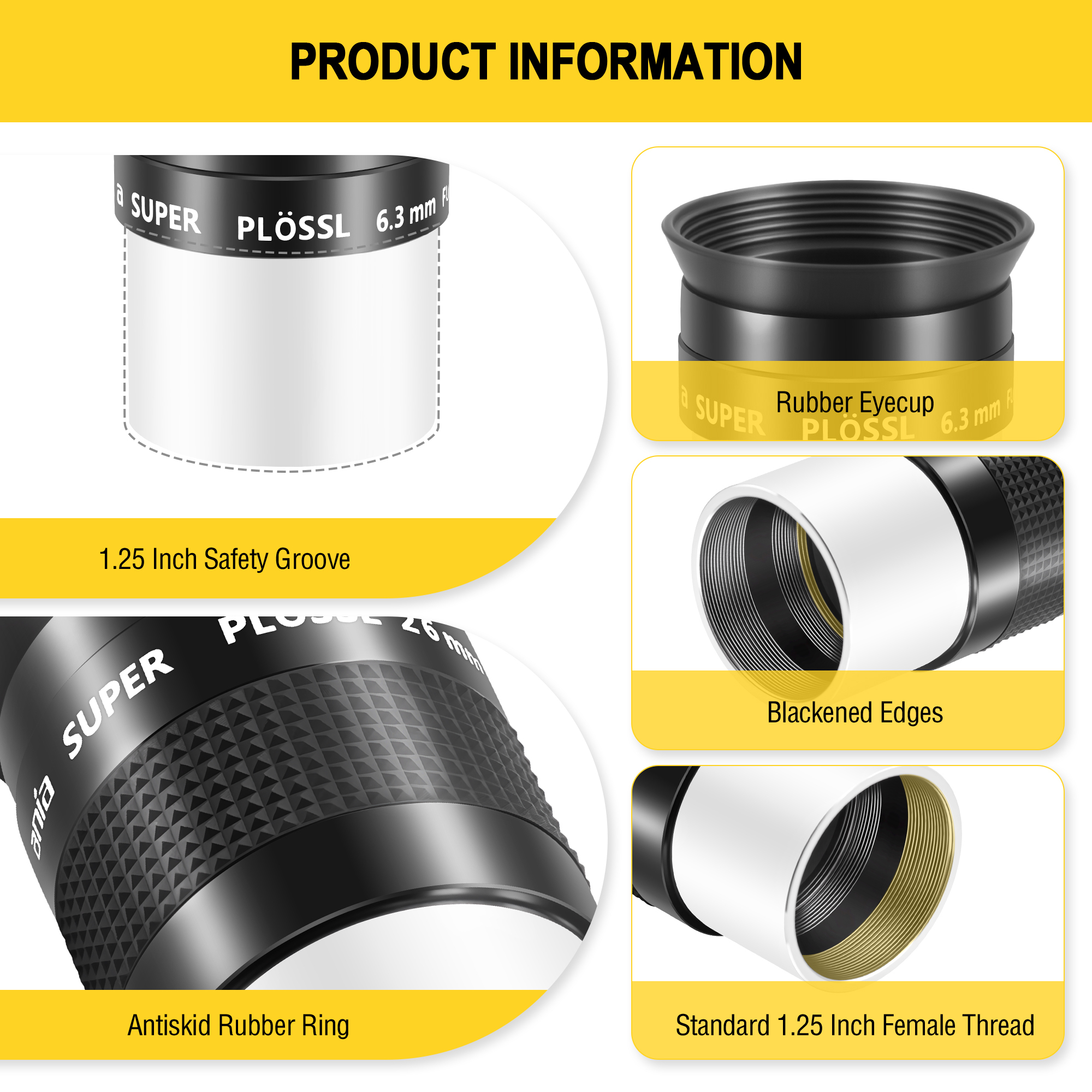 Astromania Telescope Eyepiece Set 1.25 Inch Super Plossl Eyepiece Set 6.3mm 15mm 26mm, 5 Element Fully Multi Coated Metal 52 Degree Apparent Field, Telescope Accessory Set for Astronomy Telescope