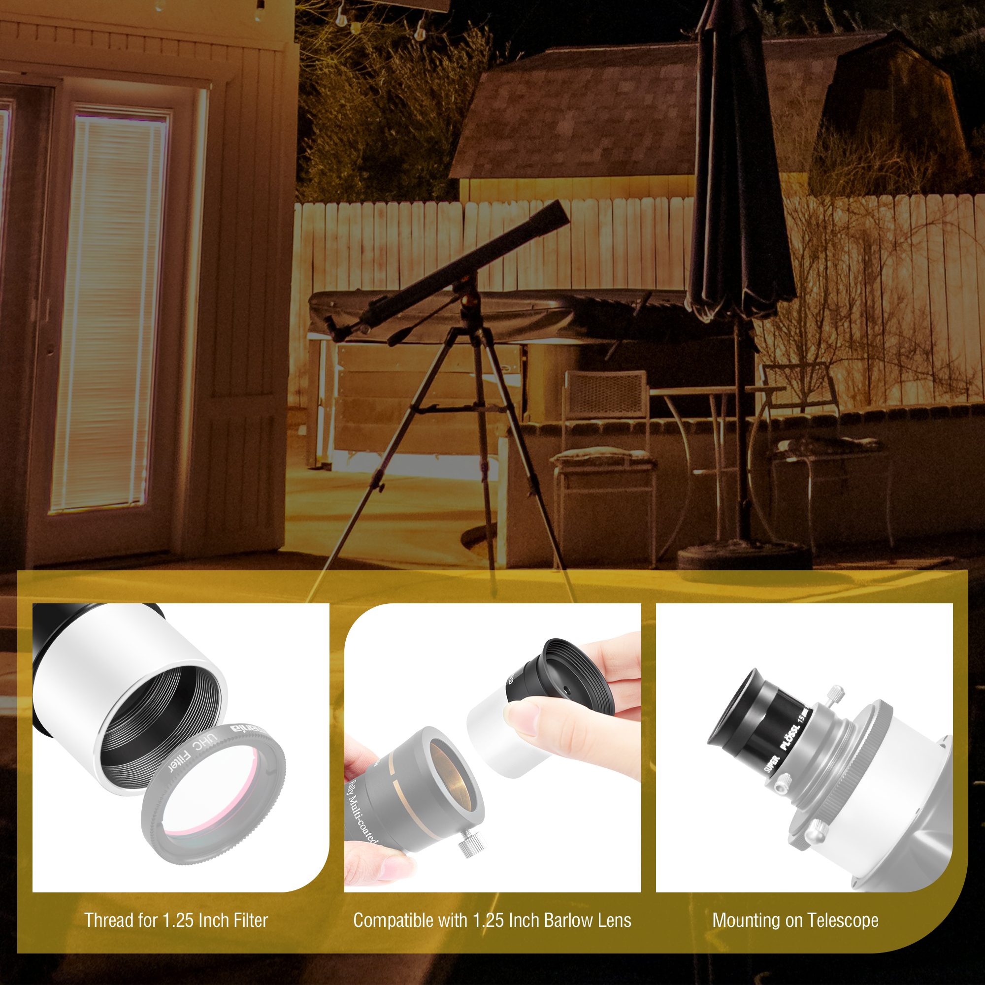 Astromania Telescope Eyepiece Set 1.25 Inch Super Plossl Eyepiece Set 6.3mm 15mm 26mm, 5 Element Fully Multi Coated Metal 52 Degree Apparent Field, Telescope Accessory Set for Astronomy Telescope
