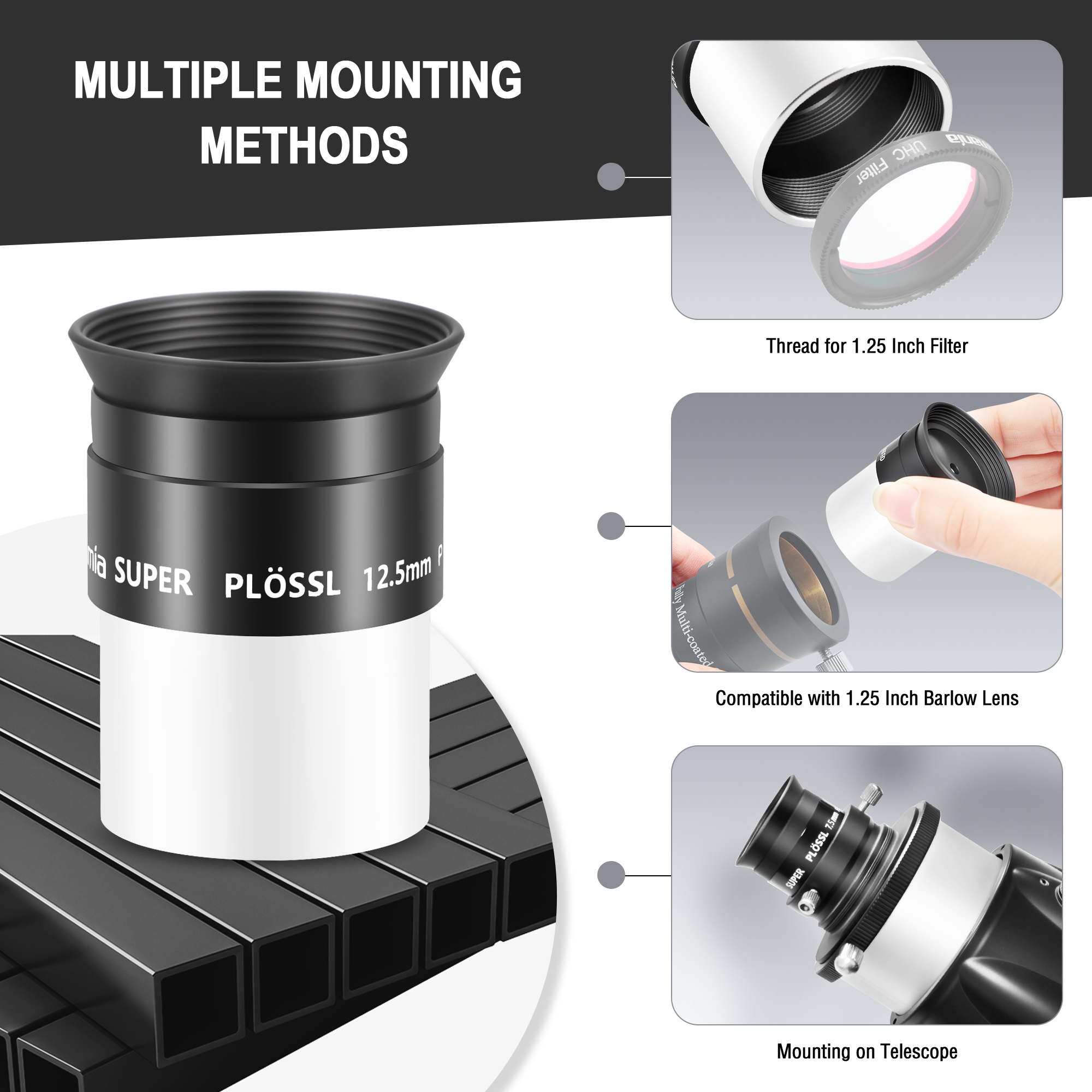 Astromania Telescope Eyepiece Set 1.25 Inch Super Plossl Eyepiece Set 7.5mm 12.5mm 32mm, 5 Element Fully Multi Coated Metal 52 Degree Apparent Field, Telescope Accessory Set for Astronomy Telescope