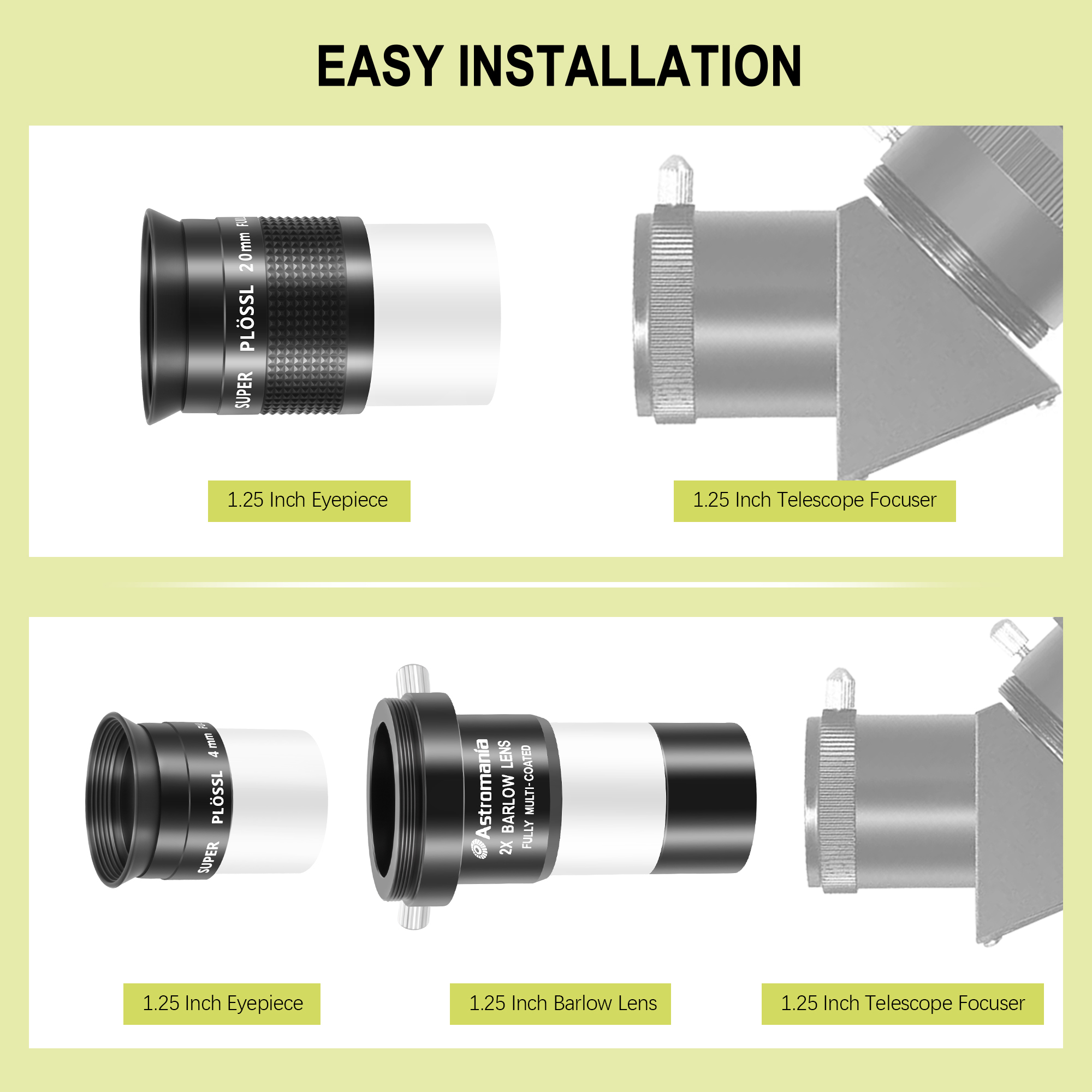 Astromania Telescope Accessory Kit with 1.25 Inch Telescope Eyepiece Set 4mm 12.5mm 20mm 52 Degree Super Plossl Eyepiece Lens and 1.25 Inch 2X Barlow Lens with T Thread Fully Multi Coated Metal