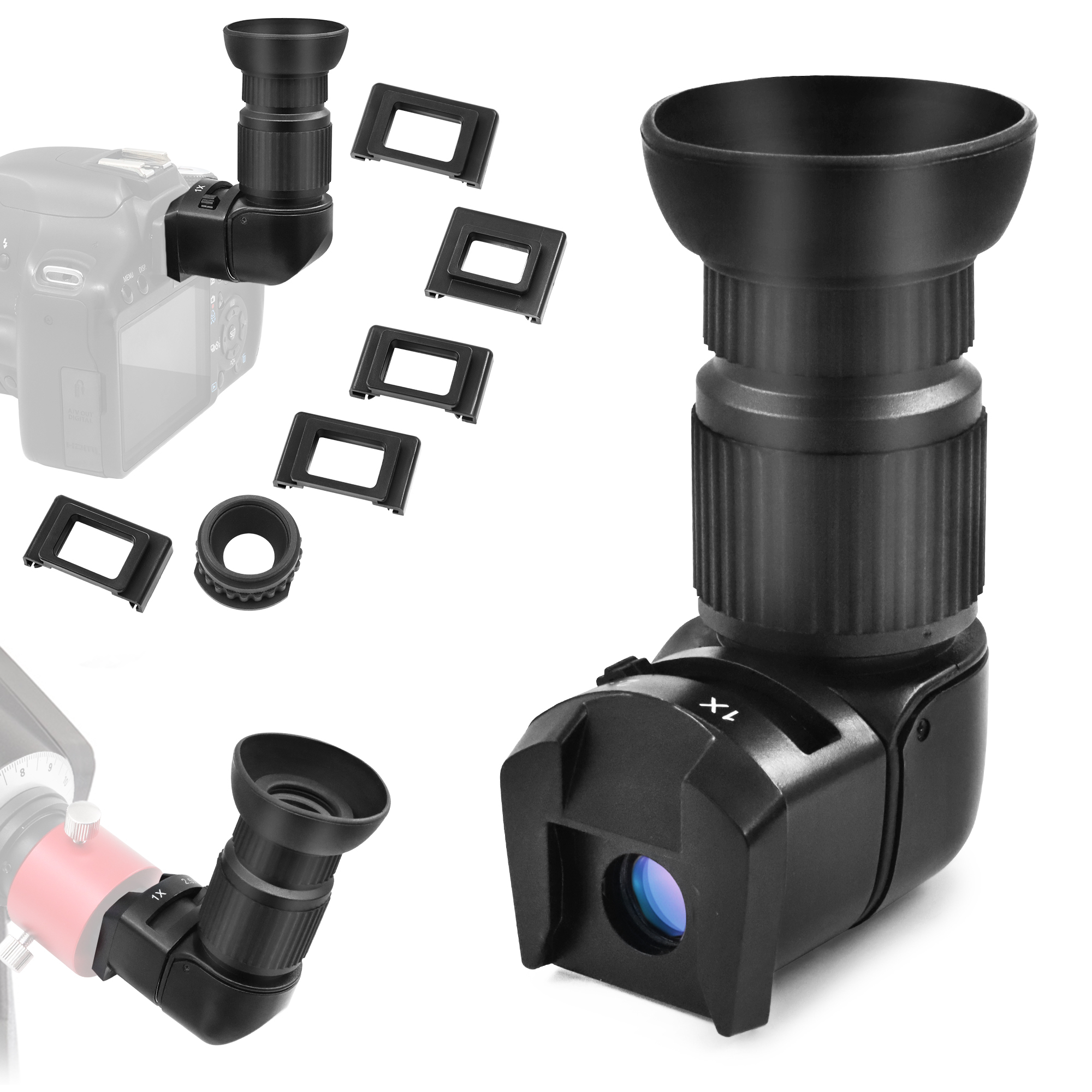 Astromania 1X/2.5X Magnification Right Angle Viewfinder with 6 Mounting Adapters for DSLR Camera Such as Canon, Nikon, Pentax, Minolta, Dynax,S amsung