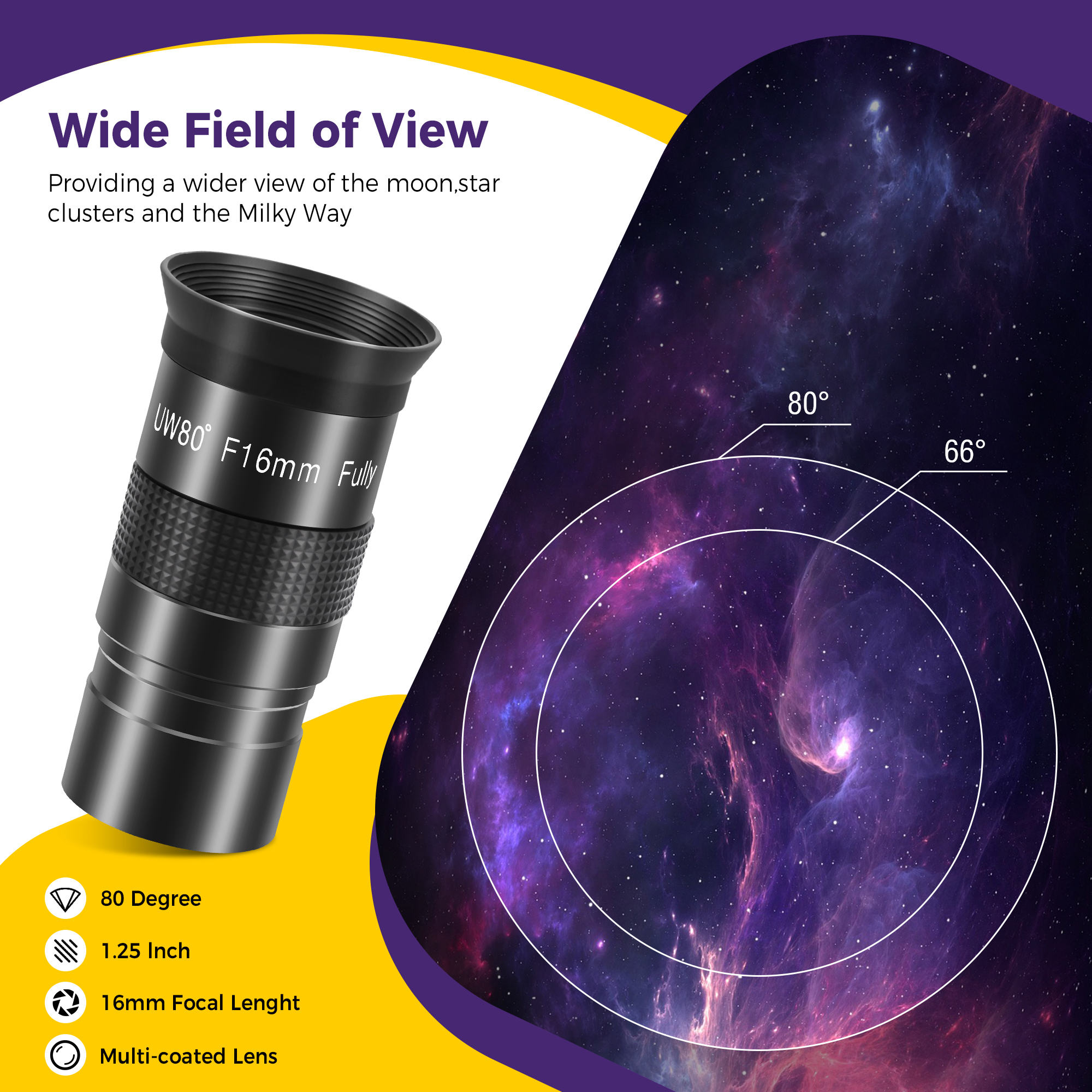 Astromania Telescope Eyepiece, 80 Degree Ultra Wide Angle Eyepiece for Telescope 16mm, Fully Multi-Coated Telescope Accessories, Standard 1.25 inch Filter Thread for Planetary Astronomy Observation