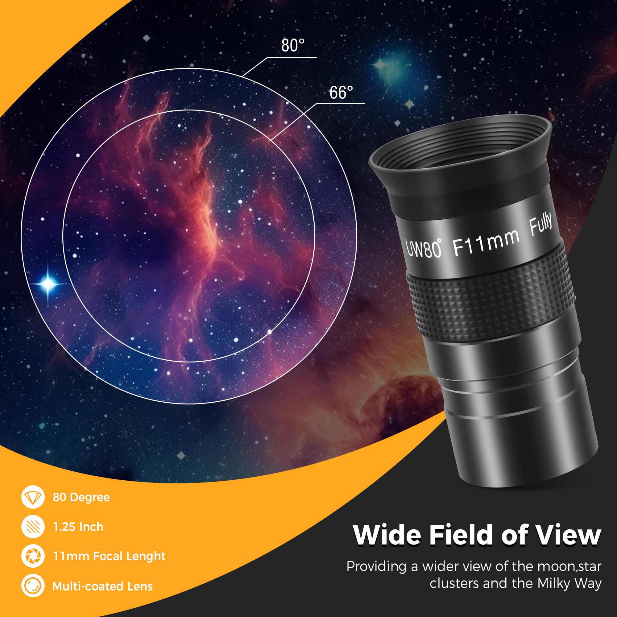 Astromania Telescope Eyepiece, 80 Degree Ultra Wide Angle Eyepiece for Telescope 11mm, Fully Multi-Coated Telescope Accessories, Standard 1.25 inch Filter Thread for Planetary Astronomy Observation