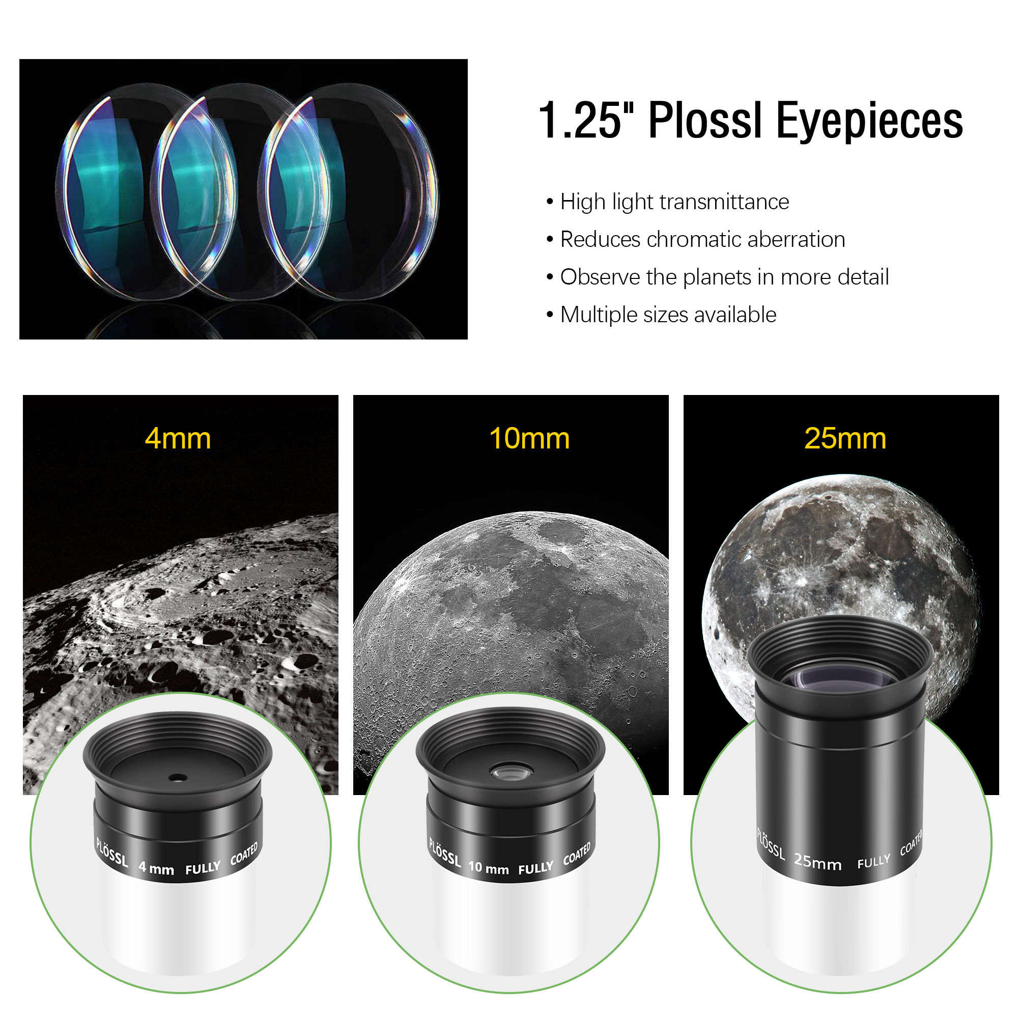 Astromania Telescope Accessory Kit Eyepiece Set with Three Plossl Eyepieces Including 4mm 10mm 25mm and Barlow Lens 2x, FMC Telescope Lense for 1.25 inch Astronomical Telescopes & Astronomy Filters