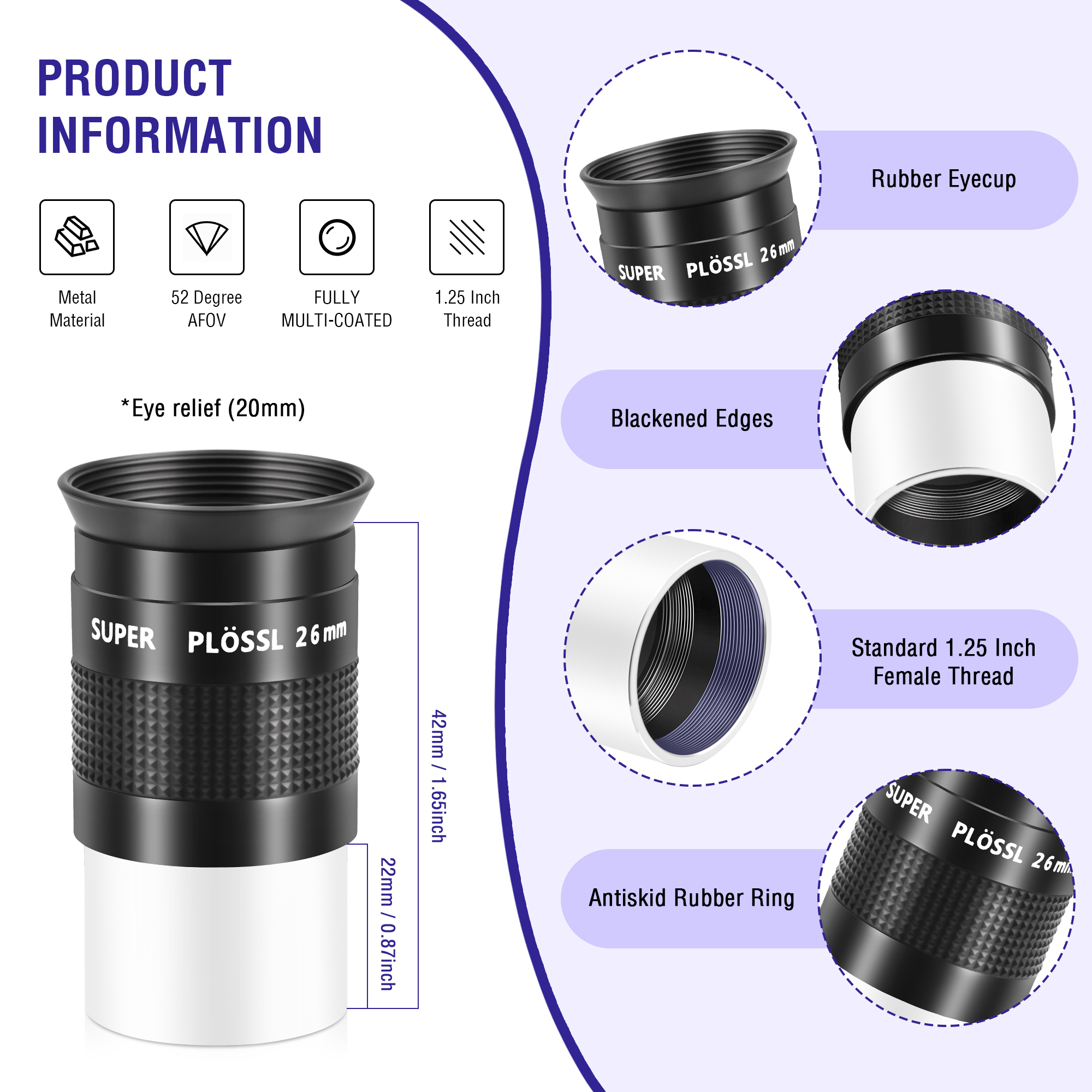 Astromania Eyepiece 26mm Telescope Lense for Astronomy Telescopes, 5 Element Fully Multi-Coated 52 Degree Super Plossl Eyepiece Telescope Accessories with Threaded for Standard 1.25 Inches Filter
