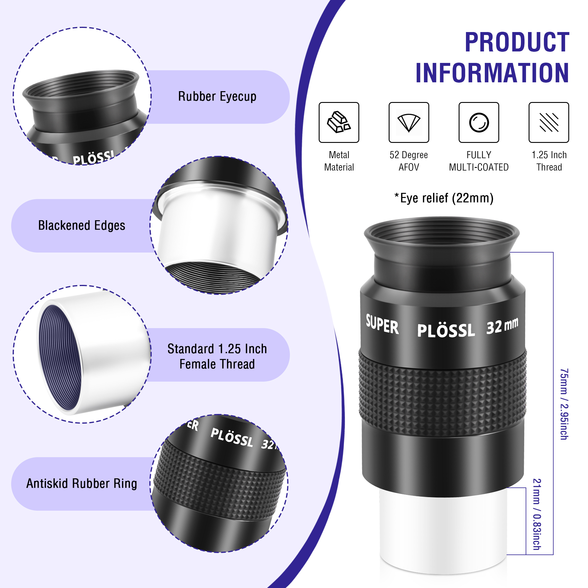 Astromania Telescope Eyepiece, 52 Degree Super Plossl Telescope Eyepiece 32mm, Fully Multi-Coated Telescope Lense with Filter Thread, 1.25 Inches Telescope Accessories for Moon & Planetary Observation