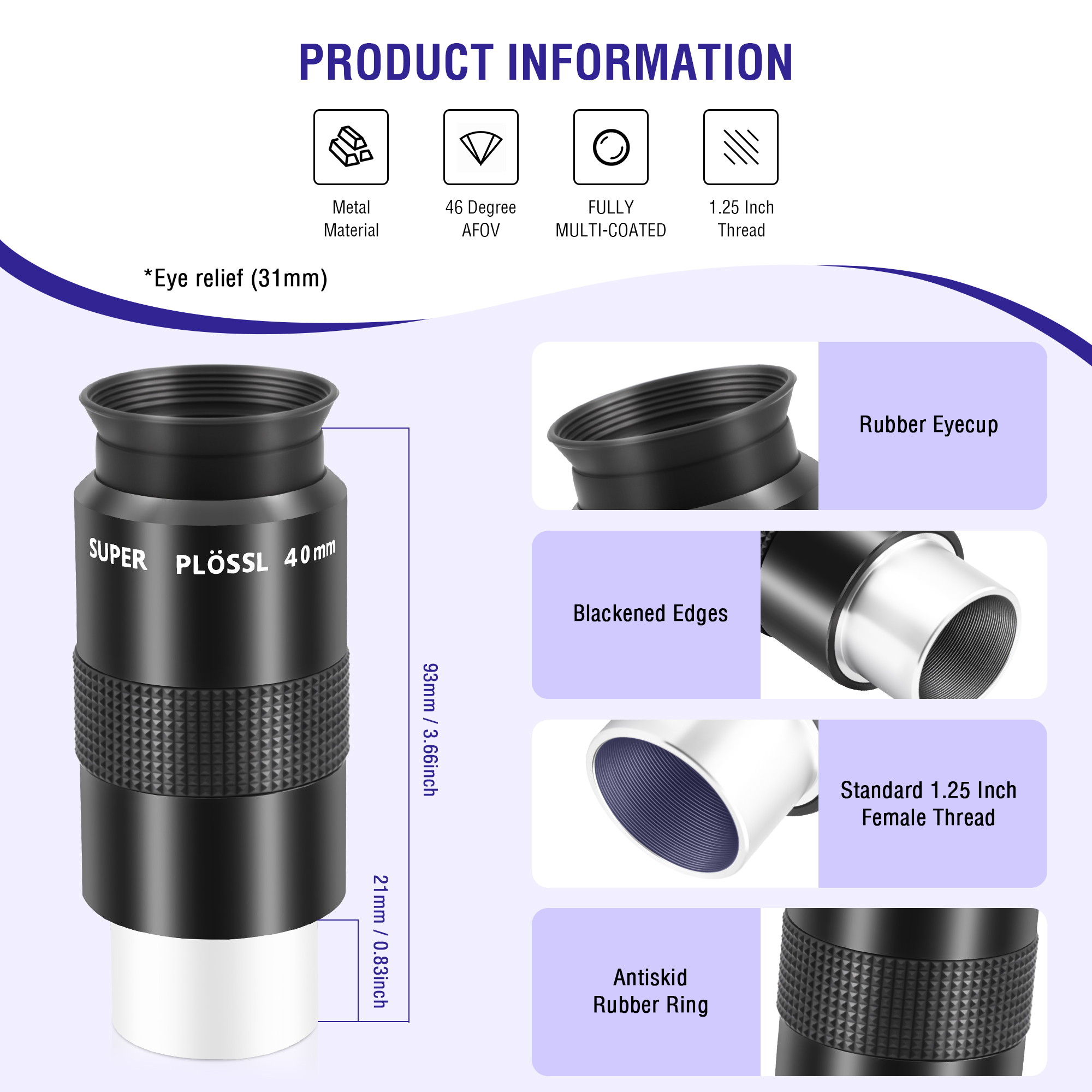 Astromania Telescope Eyepiece 40mm, Super Plossl Telescope Eyepiece 1.25 Inch 5 Element Fully MultiCoated Metal 46 Degree Apparent Field, Telescope Accessory with Filter Thread for Astronomy Telescope