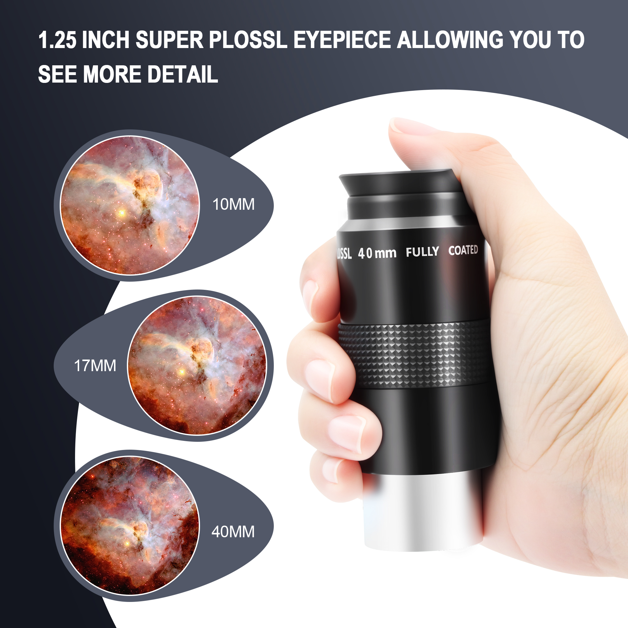 Astromania Telescope Eyepiece Set 1.25 Inch Super Plossl Eyepiece Set 10mm 17mm 40mm, 5 Element Fully Multi Coated Metal 52 Degree Apparent Field, Telescope Accessory Set for Astronomy Telescope