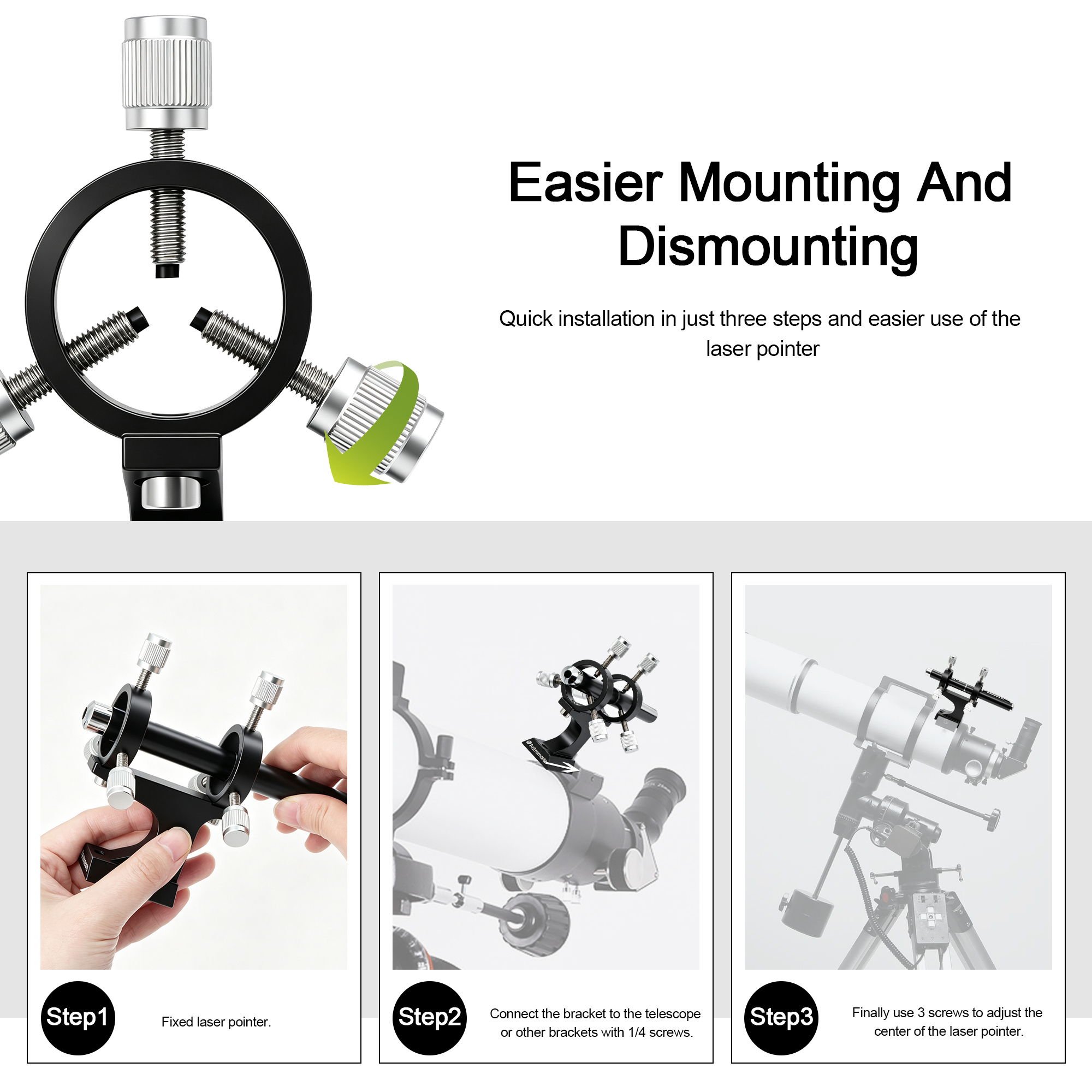 Astromania Aluminum Alloy Adjustable Laser Finder Scope Mounting Bracket with 1/4 Screw- 30mm Inside Diameter (Pair) - for Astronomy Laser Pointer