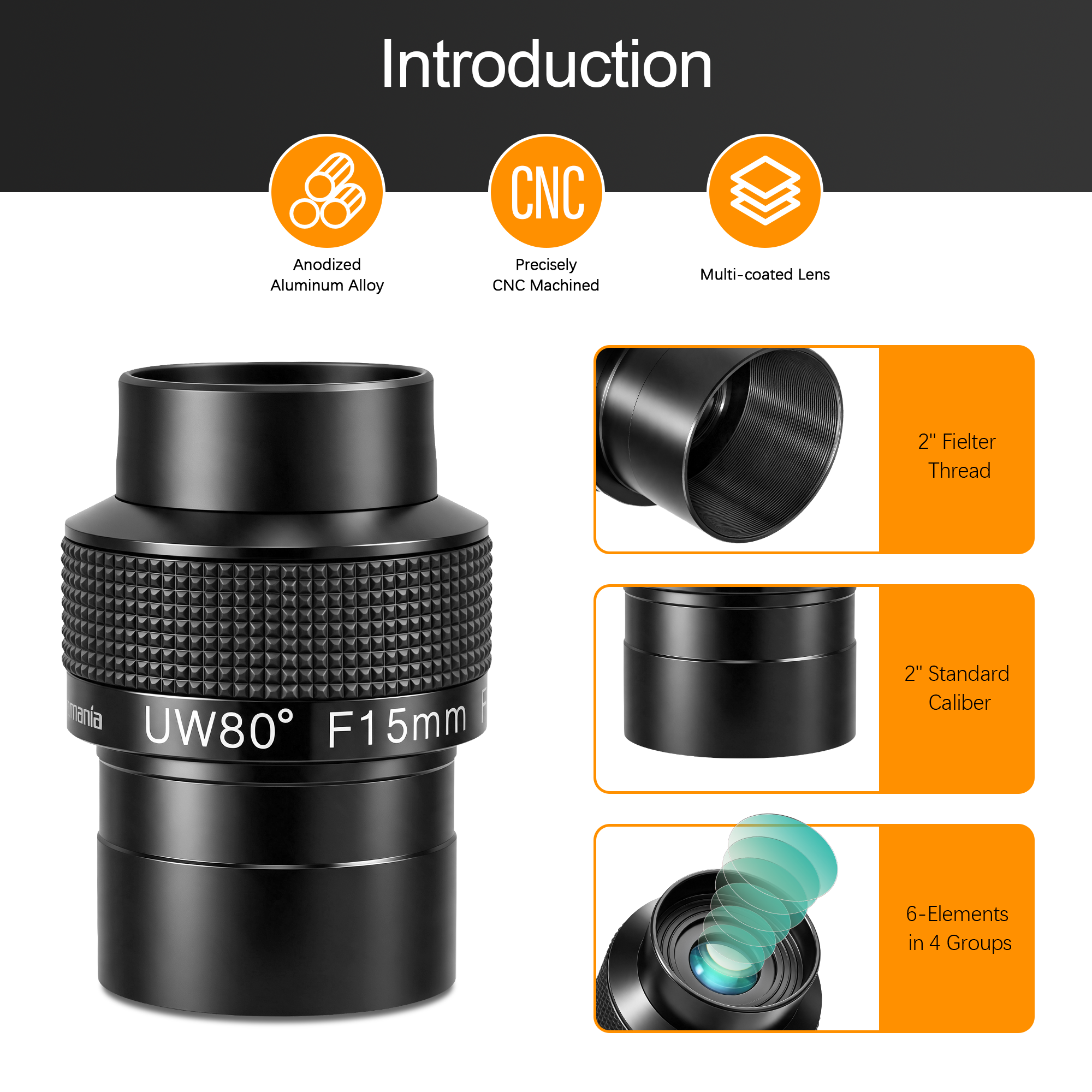 Astromania Telescope Eyepiece 2 inch 15mm - Ultra Wide 80 Degree with Fully Multi-Coated Optics - 2 inch SWA Wide Field Eyepiece Accessory for Astronomy & Stargazing - Compatible with Most Telescopes