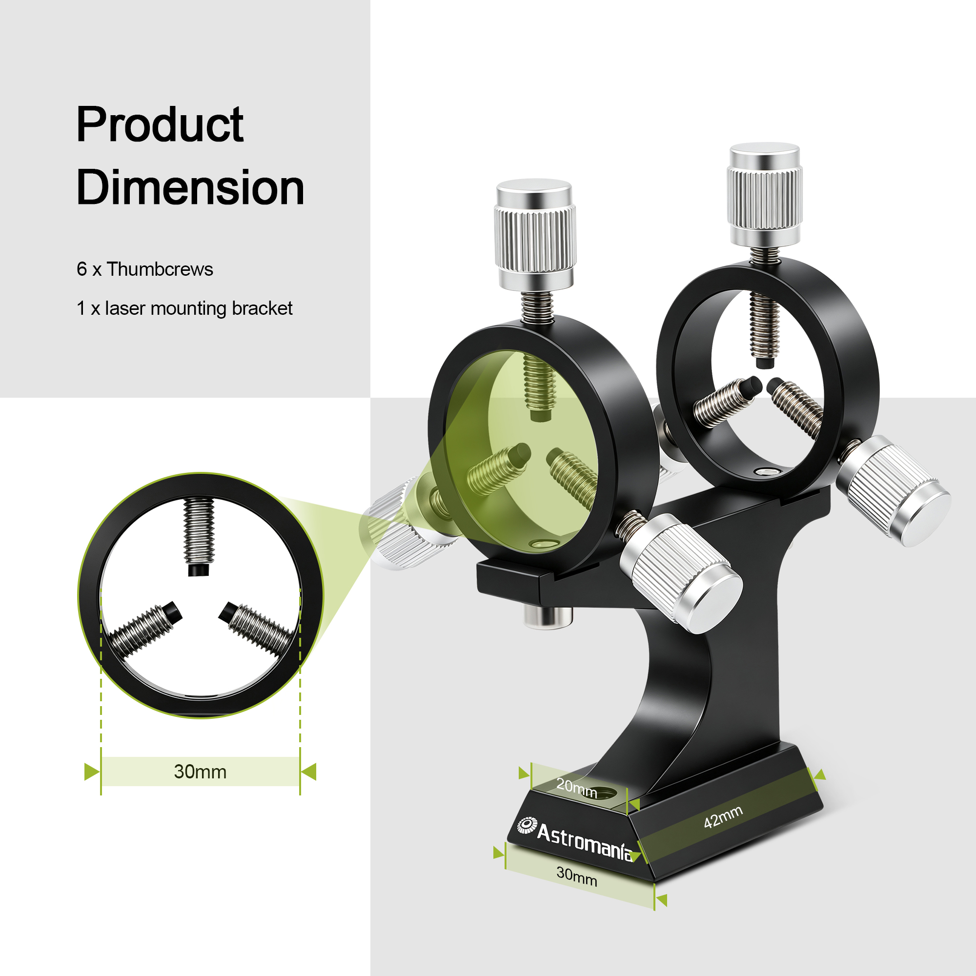 Astromania Aluminum Alloy Adjustable Laser Finder Scope Mounting Bracket with 1/4 Screw- 30mm Inside Diameter (Pair) - for Astronomy Laser Pointer