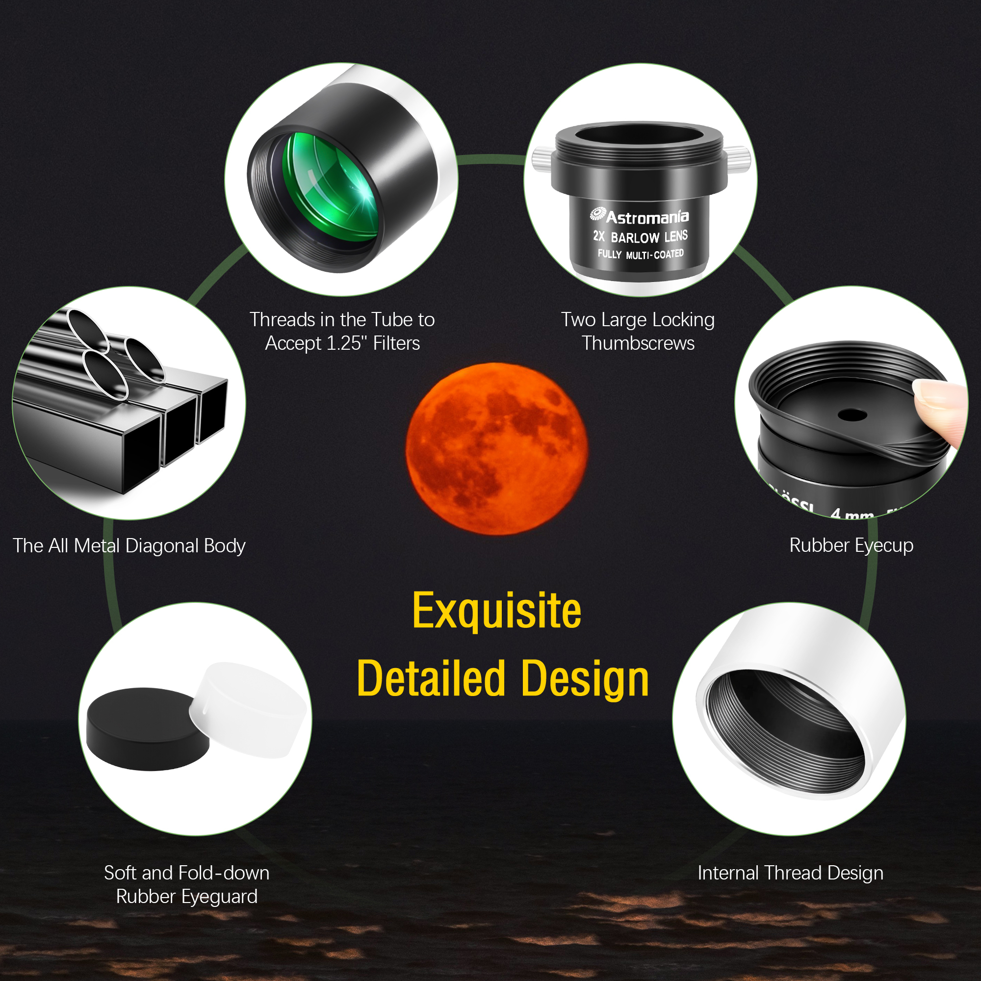Astromania Telescope Accessory Kit Eyepiece Set with Three Plossl Eyepieces Including 4mm 10mm 25mm and Barlow Lens 2x, FMC Telescope Lense for 1.25 inch Astronomical Telescopes & Astronomy Filters