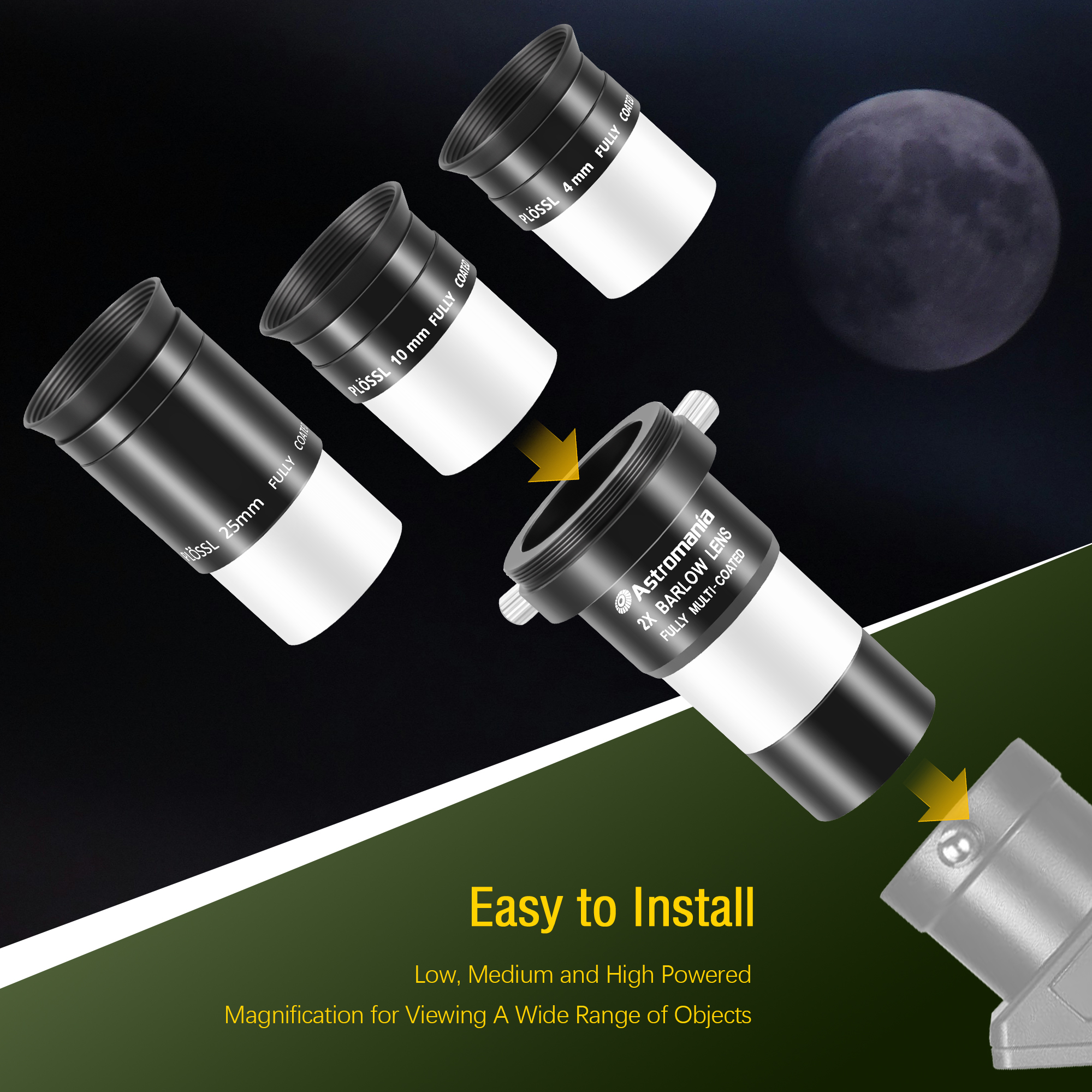Astromania Telescope Accessory Kit Eyepiece Set with Three Plossl Eyepieces Including 4mm 10mm 25mm and Barlow Lens 2x, FMC Telescope Lense for 1.25 inch Astronomical Telescopes & Astronomy Filters