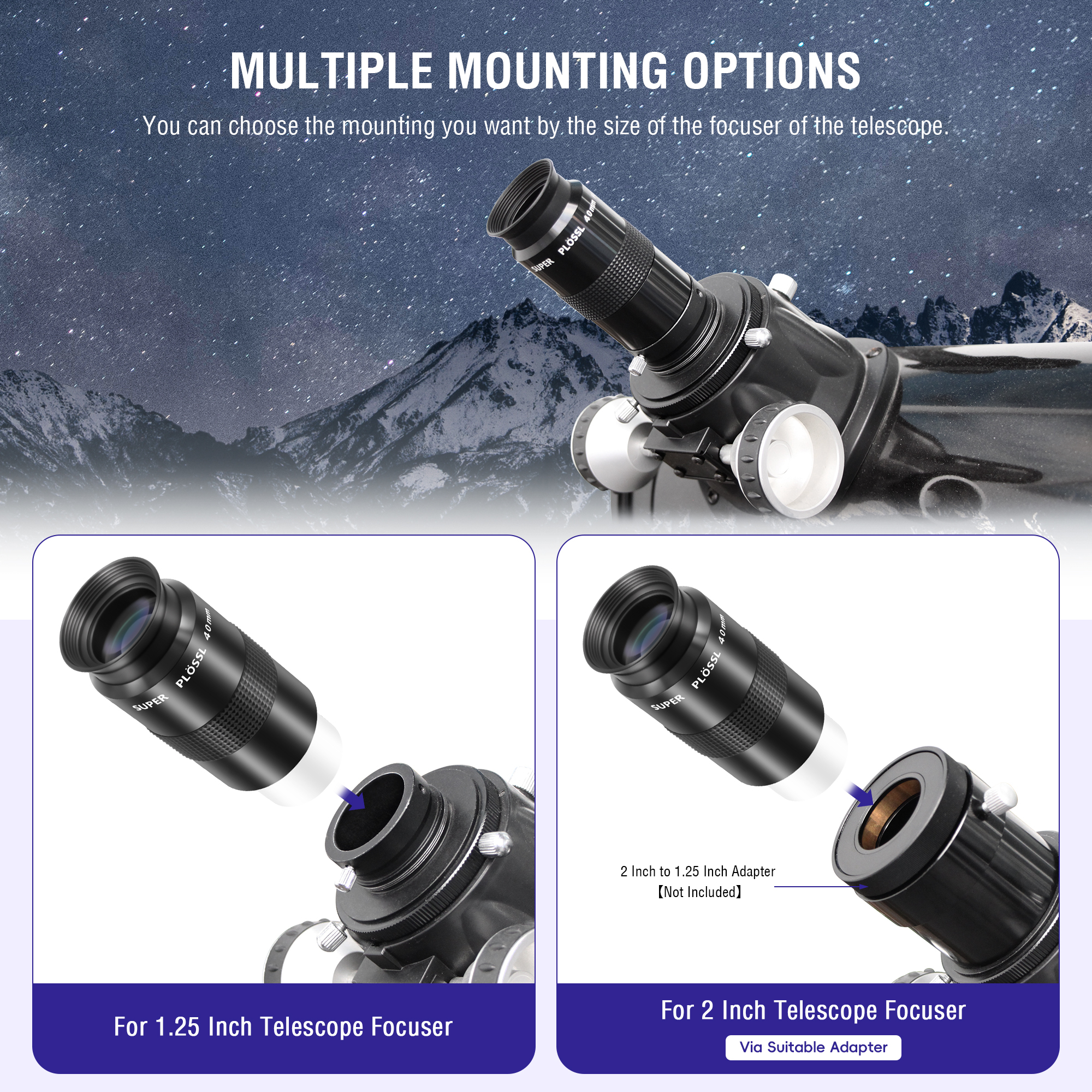 Astromania Telescope Eyepiece 40mm, Super Plossl Telescope Eyepiece 1.25 Inch 5 Element Fully MultiCoated Metal 46 Degree Apparent Field, Telescope Accessory with Filter Thread for Astronomy Telescope