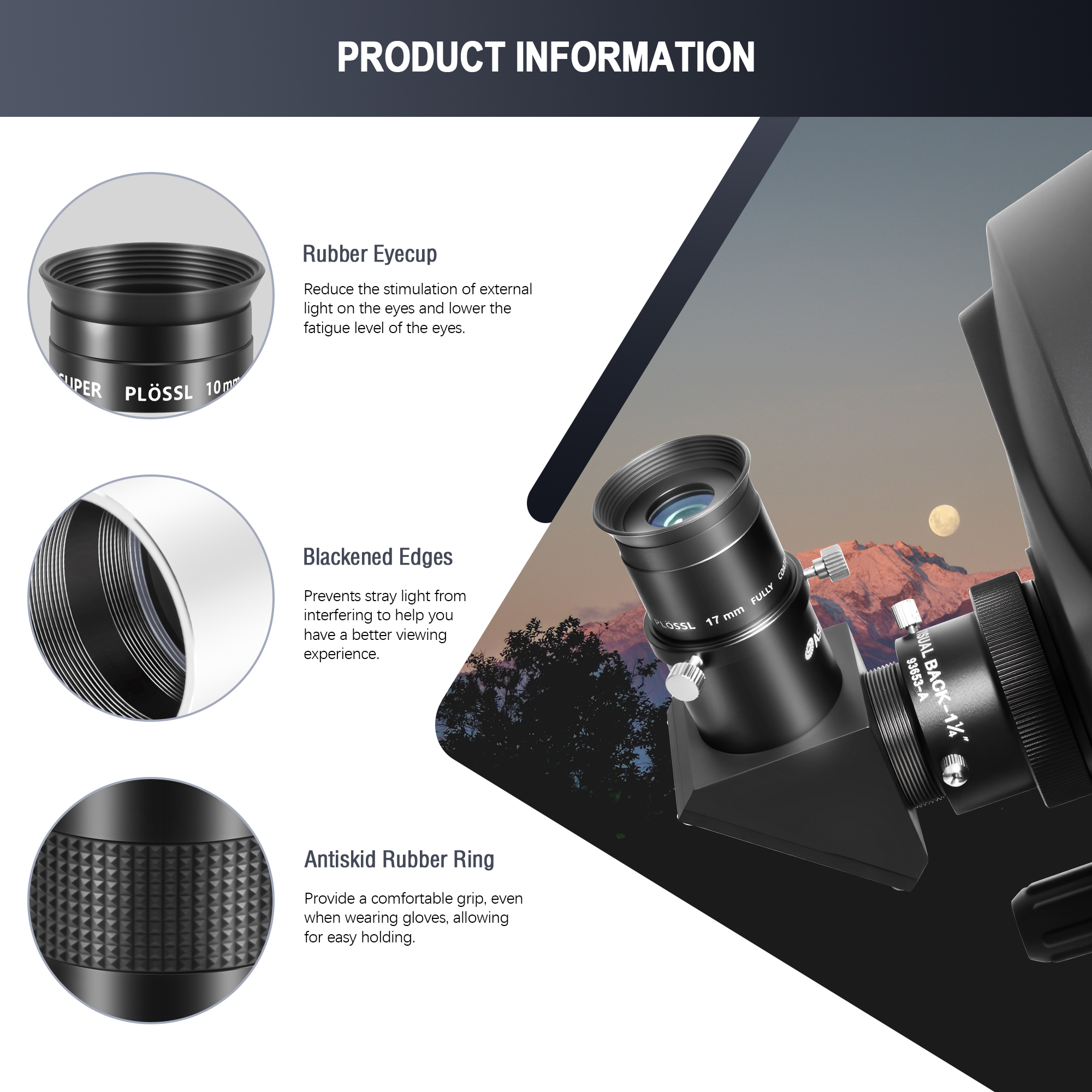 Astromania Telescope Eyepiece Set 1.25 Inch Super Plossl Eyepiece Set 10mm 17mm 40mm, 5 Element Fully Multi Coated Metal 52 Degree Apparent Field, Telescope Accessory Set for Astronomy Telescope