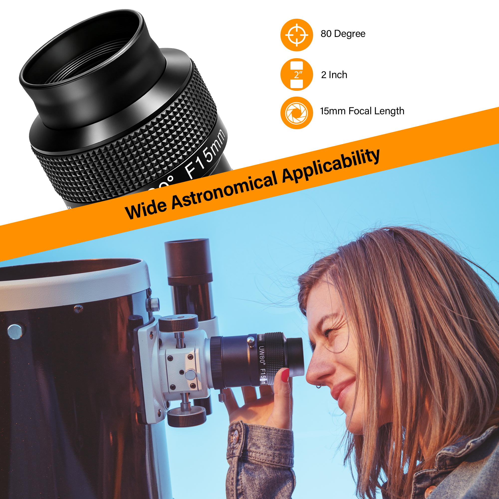Astromania Telescope Eyepiece 2 inch 15mm - Ultra Wide 80 Degree with Fully Multi-Coated Optics - 2 inch SWA Wide Field Eyepiece Accessory for Astronomy & Stargazing - Compatible with Most Telescopes