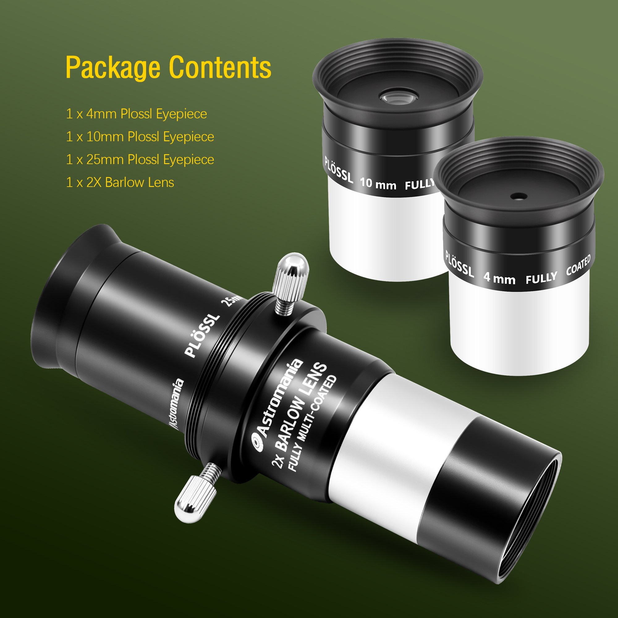 Astromania Telescope Accessory Kit Eyepiece Set with Three Plossl Eyepieces Including 4mm 10mm 25mm and Barlow Lens 2x, FMC Telescope Lense for 1.25 inch Astronomical Telescopes & Astronomy Filters