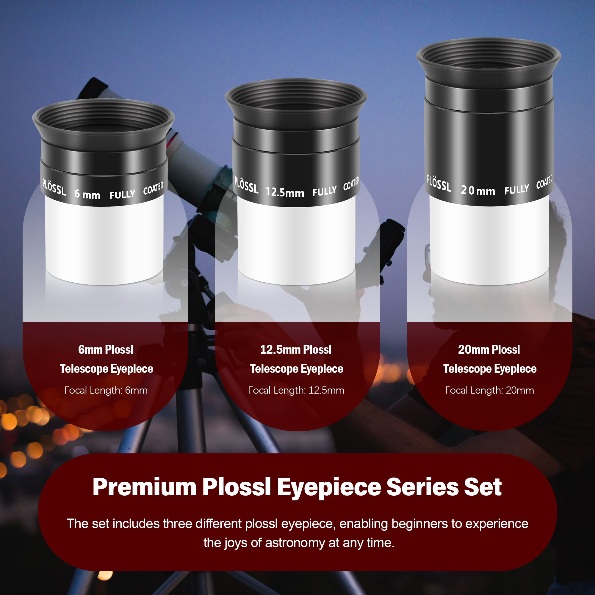 Astromania Telescope Eyepiece Set 1.25 Inch, Plossl Eyepiece Kit Includes 6mm 12.5mm 20mm Telescope Lense 4-Element Fully Multi-Coated & Filter Thread, Telescope Accessory Kit for Astronomy Telescopes