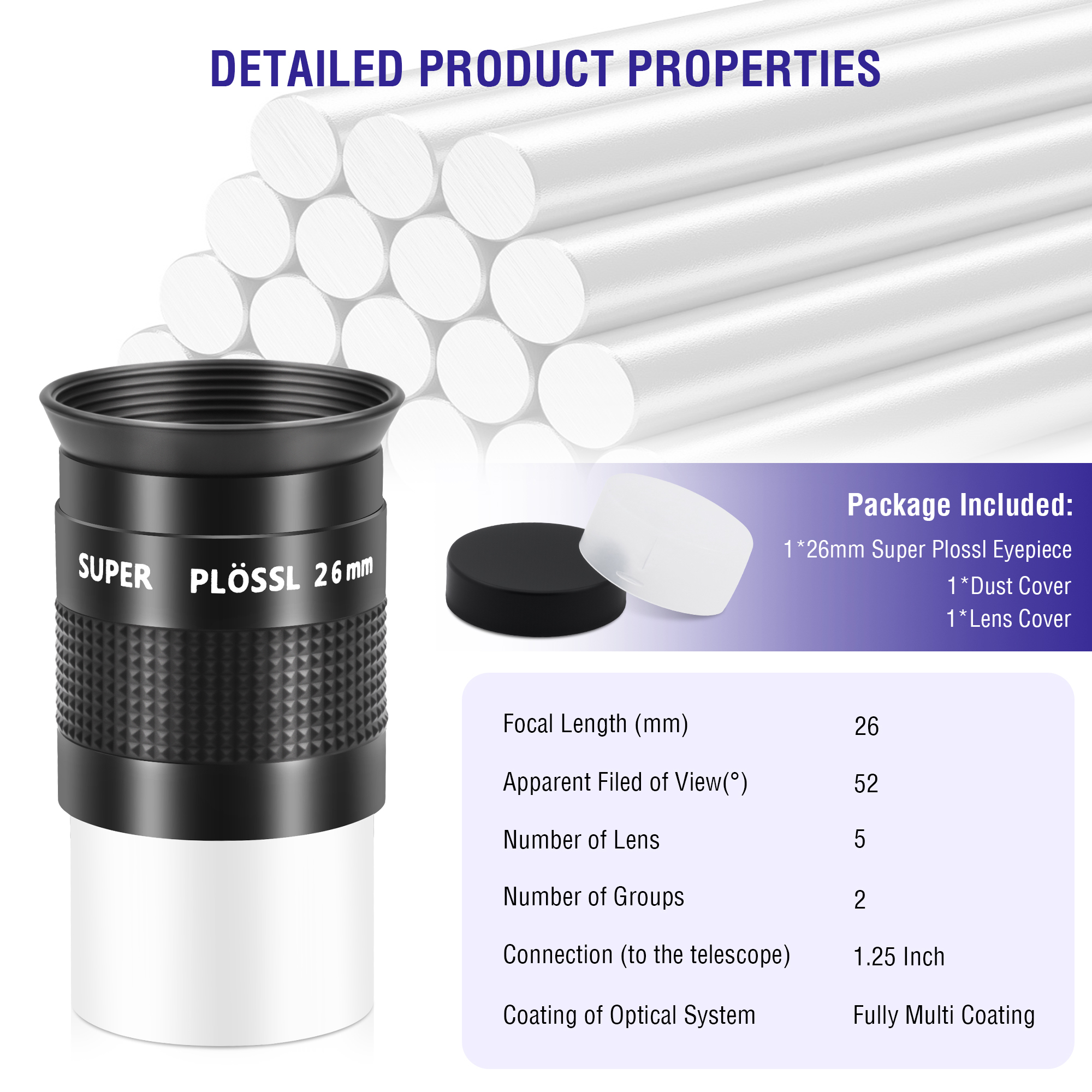 Astromania Eyepiece 26mm Telescope Lense for Astronomy Telescopes, 5 Element Fully Multi-Coated 52 Degree Super Plossl Eyepiece Telescope Accessories with Threaded for Standard 1.25 Inches Filter