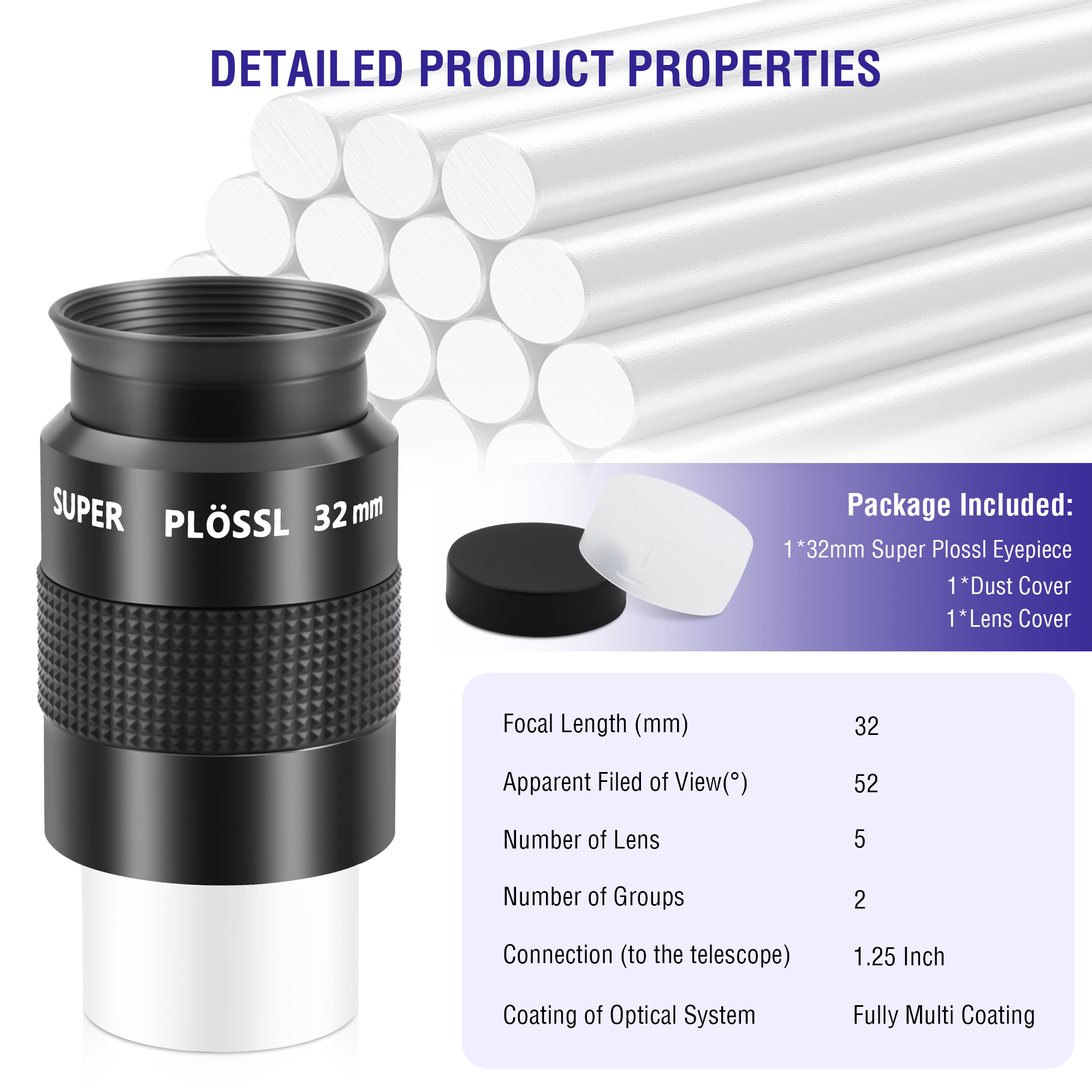 Astromania Telescope Eyepiece, 52 Degree Super Plossl Telescope Eyepiece 32mm, Fully Multi-Coated Telescope Lense with Filter Thread, 1.25 Inches Telescope Accessories for Moon & Planetary Observation