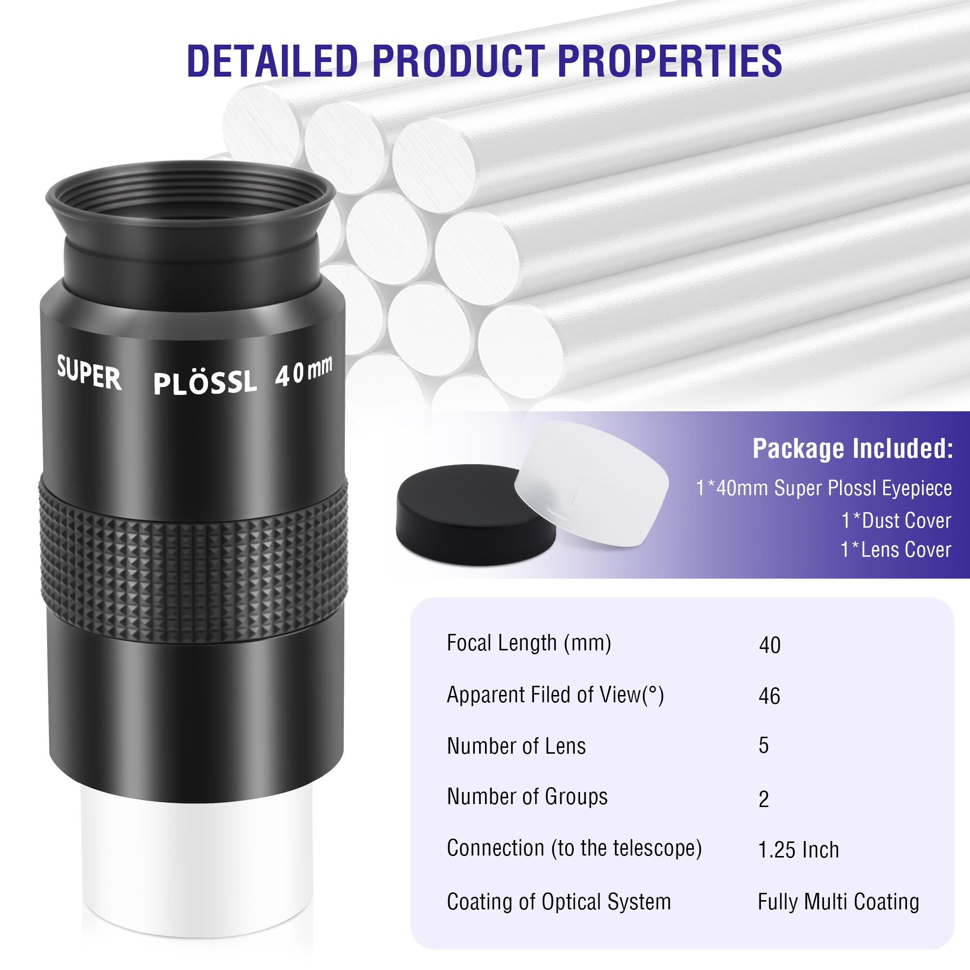 Astromania Telescope Eyepiece 40mm, Super Plossl Telescope Eyepiece 1.25 Inch 5 Element Fully MultiCoated Metal 46 Degree Apparent Field, Telescope Accessory with Filter Thread for Astronomy Telescope