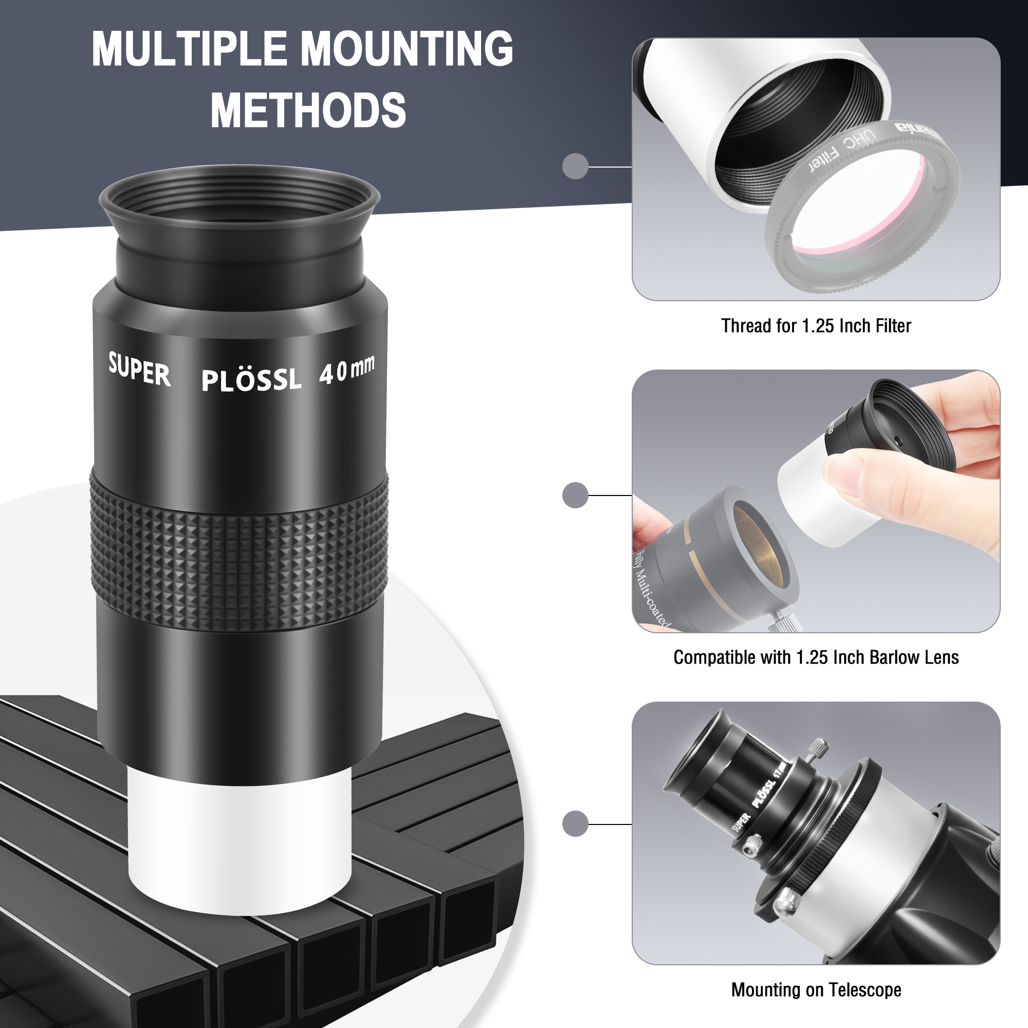 Astromania Telescope Eyepiece Set 1.25 Inch Super Plossl Eyepiece Set 10mm 17mm 40mm, 5 Element Fully Multi Coated Metal 52 Degree Apparent Field, Telescope Accessory Set for Astronomy Telescope